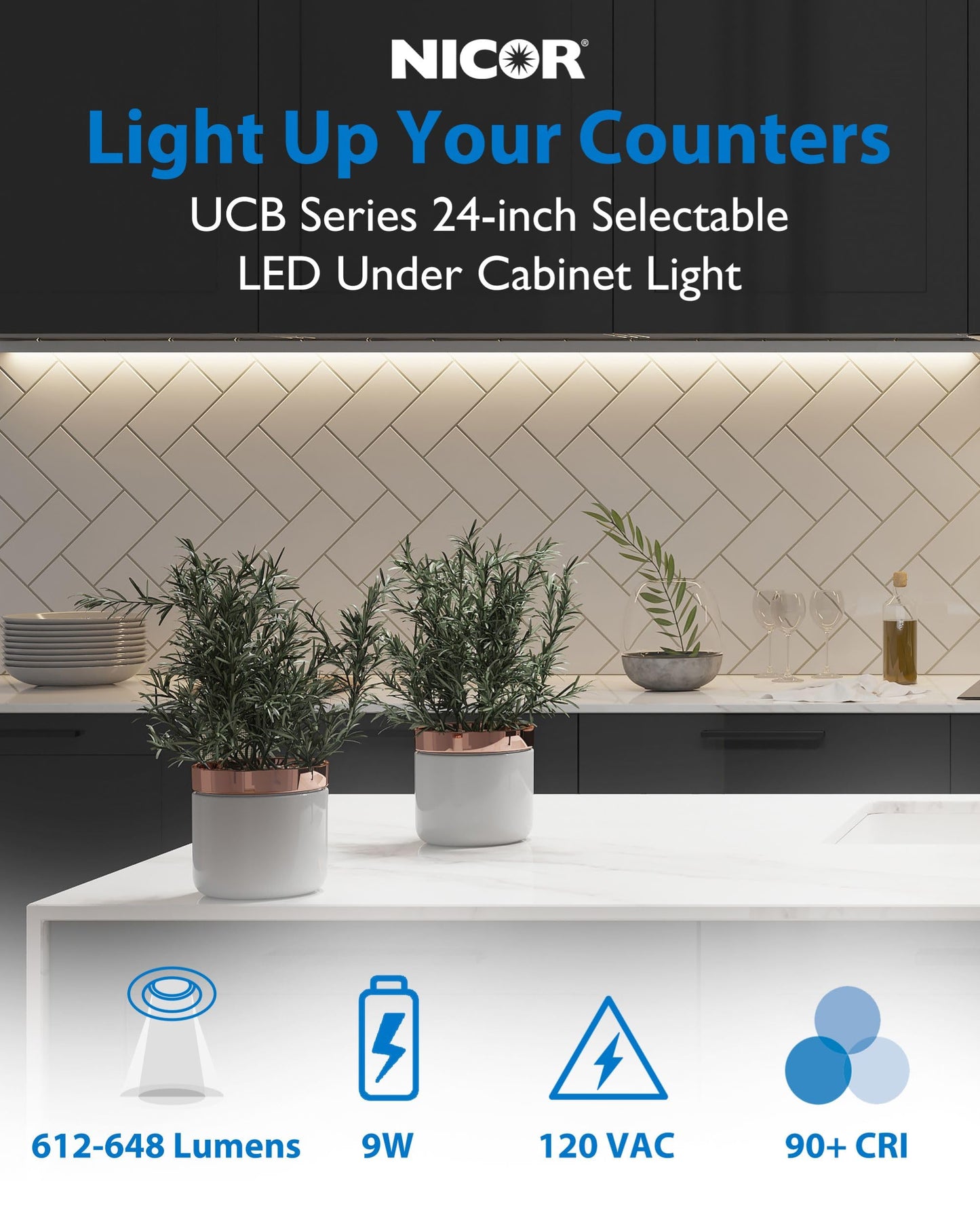 24” LED Direct Wire Under Cabinet Light - Dimmable Undercounter LED Lights for Kitchen - Selectable CCT 2700K-5000K, 612-648 Lumens, 9W - UCB Series Hardwired Under Cabinet Lighting by NICOR Lighting
