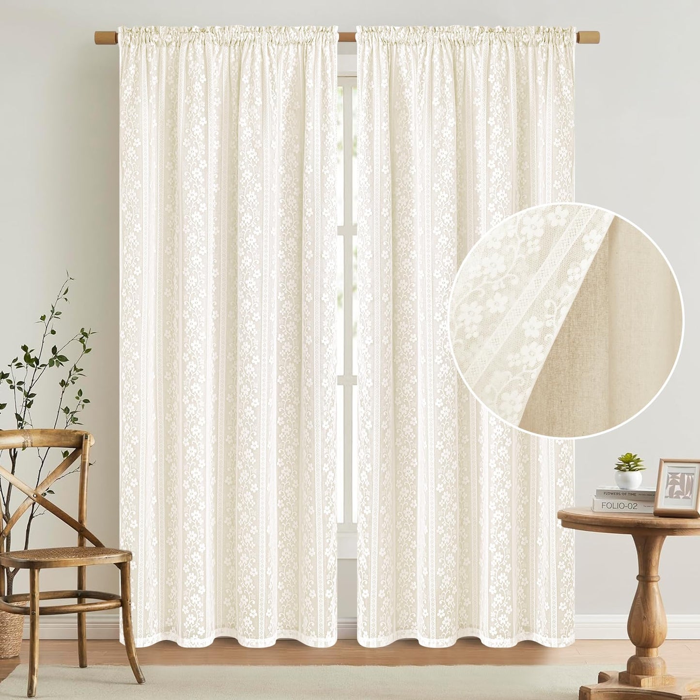 ASPMIZ Linen Curtains for Bedroom, Double Layered Boho Curtain for Living Room Farmhouse Curtain 84 Inch Length 2 Panels Set, Rustic Curtains & Drapes Rod Pocket with Tiebacks, 52 x 84 Inch, Beige