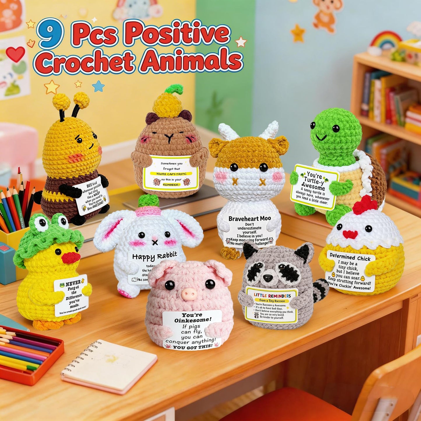 9Pcs Emotional Support Positive Crochet Animals Duck Turtle, Motivational You’re Awesome Gift for Women Men Coworkers Friends Employee Uplifting Mini Knitted Crochet Plushies Easter Basket Stuffers