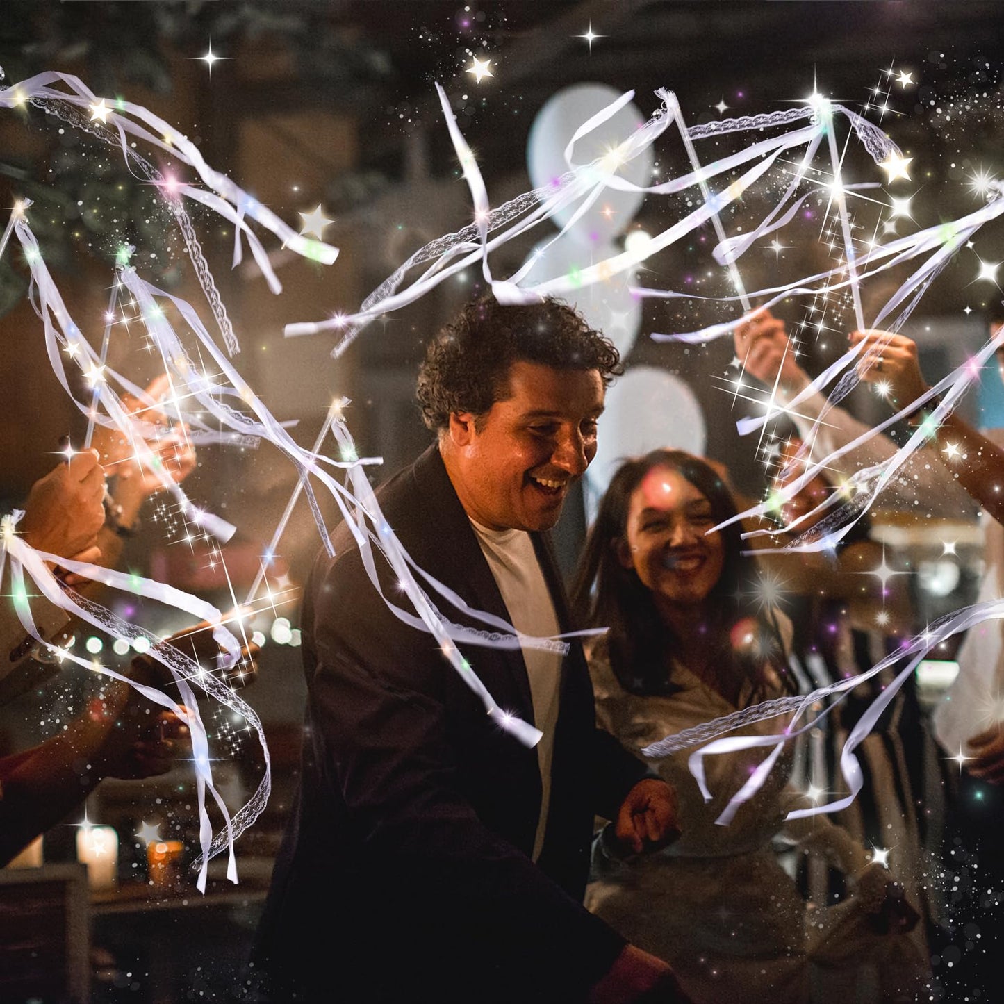 AUGFRYZIAN 58 Pieces Light up Wedding Wands with Ribbons & Bells –LED Silk Wedd Fairy Wands Streamers with Warm White & Colorful Lights for Wedding Send Off Ideas, Parties, and Celebrations
