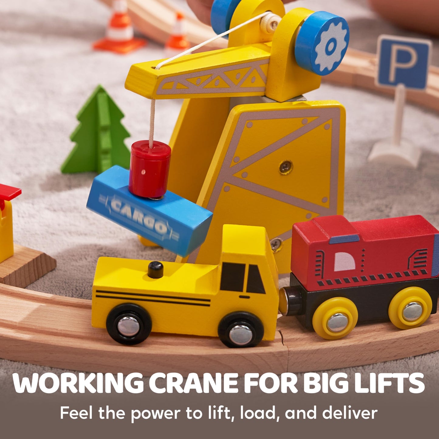 60PCS Wooden Train Set - Construction Express, Engineering Railway with Magnetic Crane, Trains & Accessories, Perfect Christmas Birthday Party Toy Gift for Kids Toddlers Boys Girls Ages 2-8