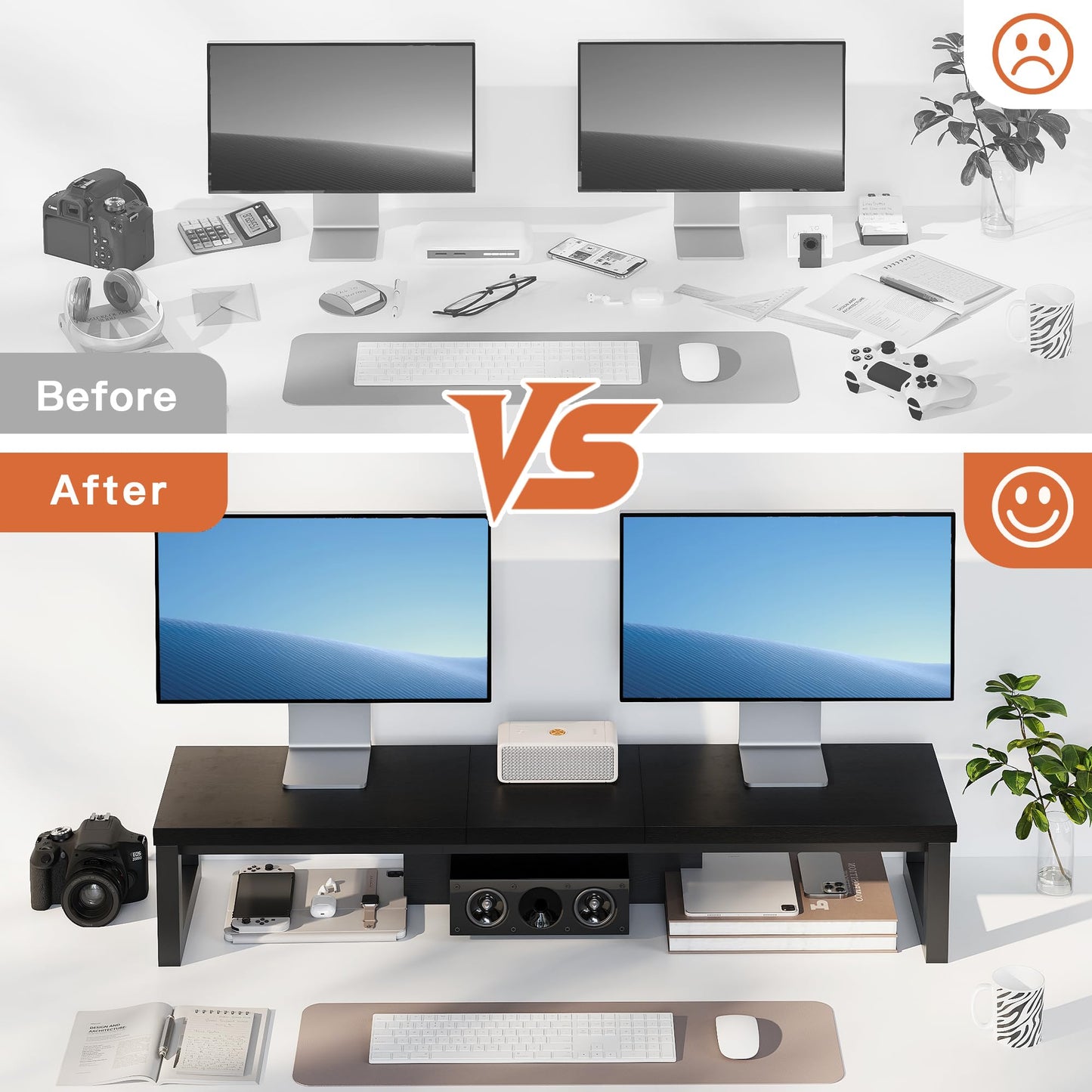 HEWORLIF Dual Monitor Stand Riser, Wood and Steel Monitor Stand for Desk, Multi-Purpose Desk Shelf Organizer for Computer, Laptop, Printer, TV, Black