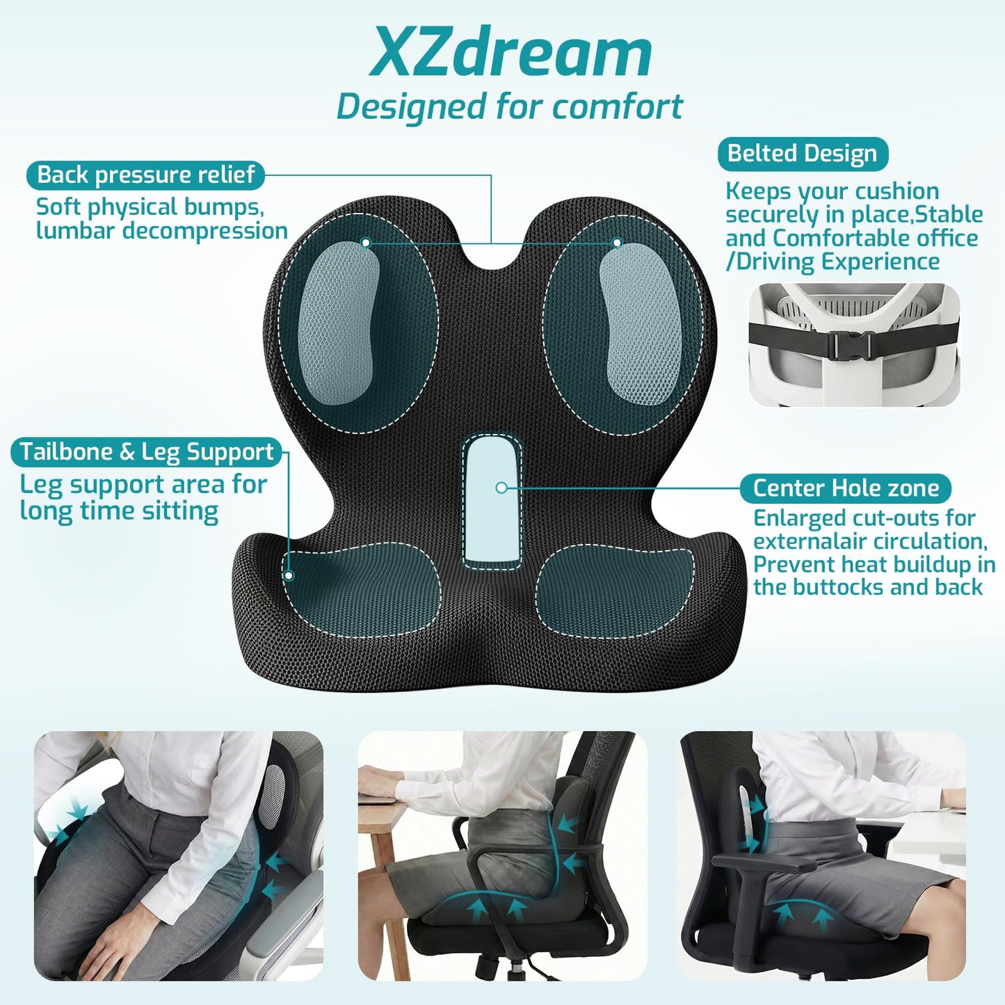 XZdream Ergonomic Seat Cushion,Office Chair Cushion with Lumbar Support Pillow,Car Orthopedic Seat Cushions,Designed for Sciatica,Tailbone,Back Pain Relief,for Office,Car,Truck,Home,Desk Chair