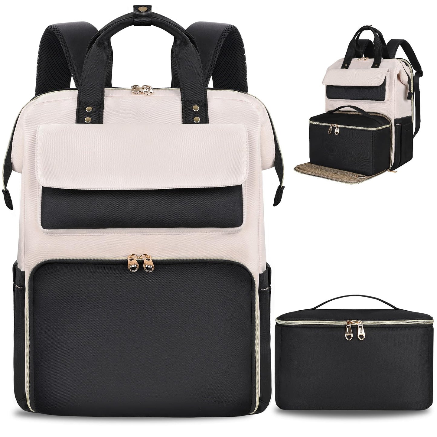 BERTASCHE Lunch Backpack for Women, 15.6 Inch Laptop Backpack with Insulated Cooler Lunch box, Work Backpack for Teacher Nurse Travel College Picnic, Black-Beige