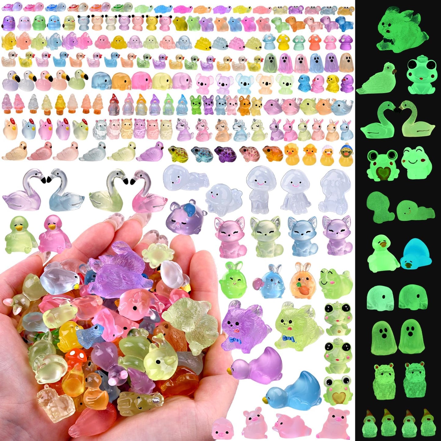 Prdingfy 200PCS Glow in The Dark Mini Resin Animals Bulk Variety Pack - 200 Styles Tiny Miniature Figures for Fairy Garden, Dollhouse, Aquarium Decor, Hide and Seek, Crafts
