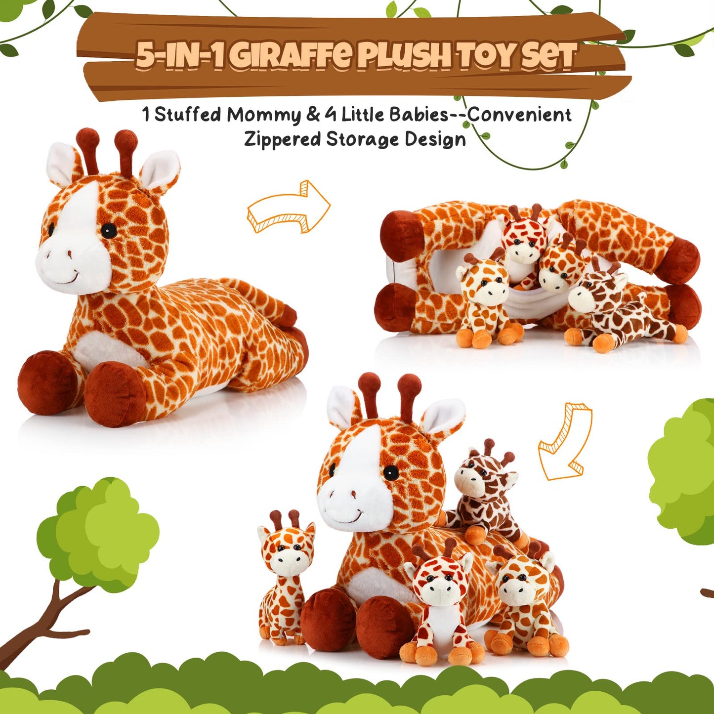 Honoson 5 Pcs Giraffe Stuffed Animals Set 18'' Large Mommy Giraffe Plush with 4 Cute Baby Zippered Tummy Soft Gift for Boy Girl Birthday Easter Favor Forest Party(Grovel)