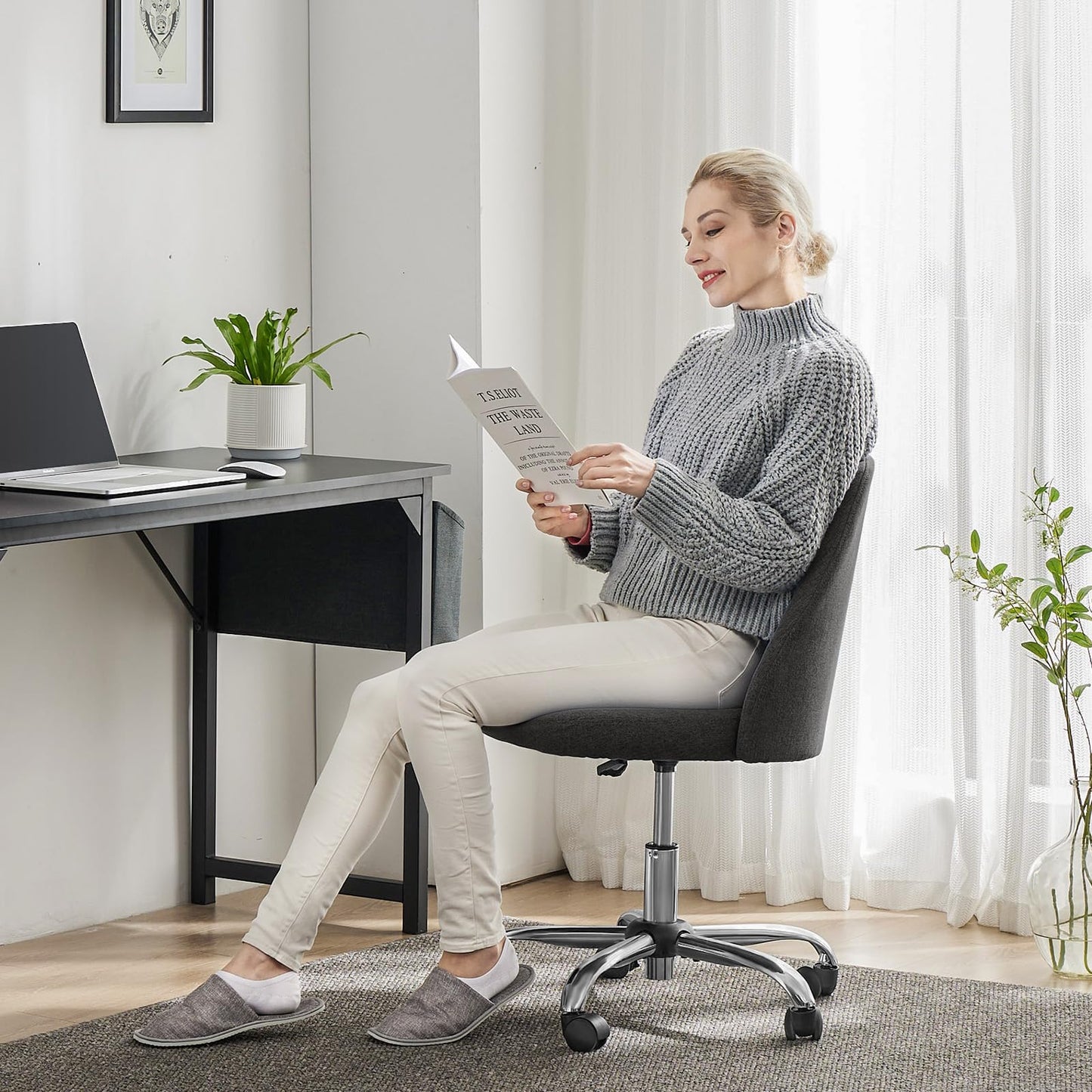 Sweetcrispy Armless Vanity Chair, Cute Comfy Home Office Desk Chair with Wheels, Modern Upholstered Task Computer Seat for Bedroom, Study, Makeup Vanity, Height Adjustable & Swivel, Deep Gray