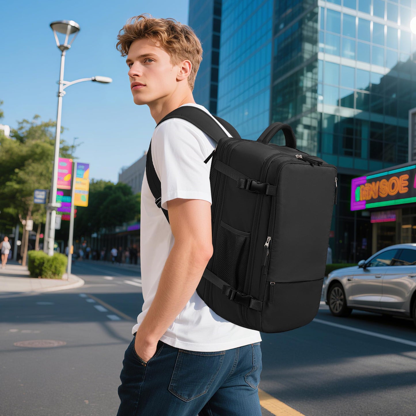Sinaliy Large Travel Backpack for Women Men, Expandable 40L Carry On Backpack, 17 Inch Laptop Backpack College Bookbag, Waterproof Travel bag as Person Item Flight Approved