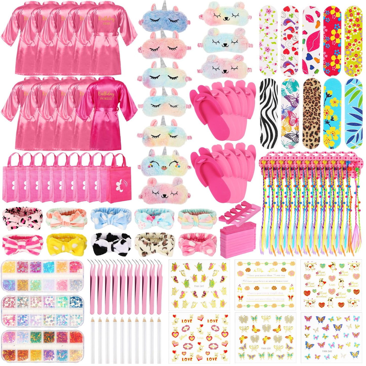 Toulite 10 Set Spa Party Supplies for Girls Kids 10 Satin Robes Spa Kit Sleepover Birthday Slumber Party Favors Nail Salon(Rose Red, Pink)