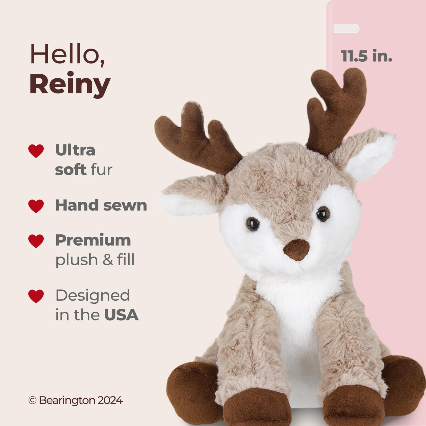 Bearington Reiny Plush Reindeer Stuffed Animal, 11.5 Inch Stuffed Reindeer Plush Toy, Ideal Christmas Stuffed Gift for Toddlers, Kids & Teens