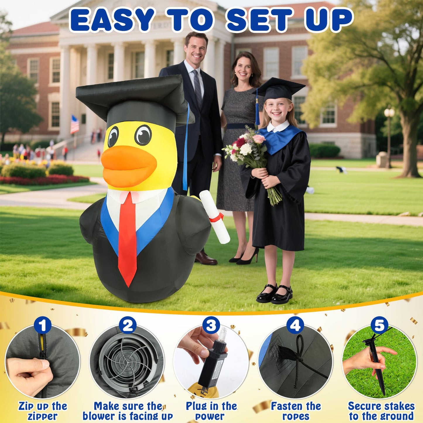 Watato Inflatable 2026 Graduation Decorations 5FT Cute Duck Blow Ups with LED Lights Yard Sign for Congrats Grad Party Outdoor Holiday Event Decor Primary Middle High School College University