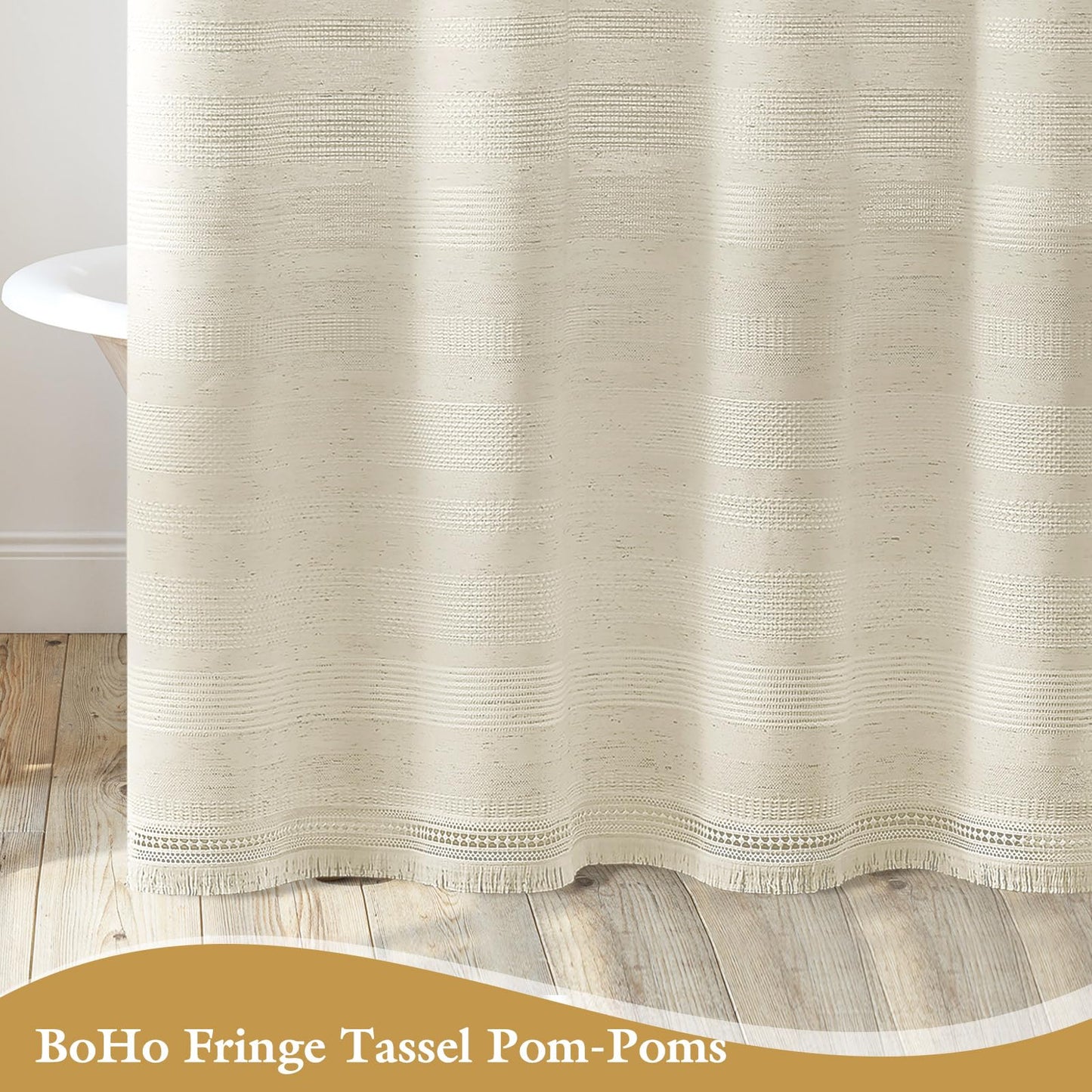 Craidlela Extra Long Boho Farmhouse Shower Curtain with Tassel, Linen Bohemian French Country Chic Bathroom Shower Curtain Set, Modern Striped Textured Shower Curtain 72x84 - Beige/Cream