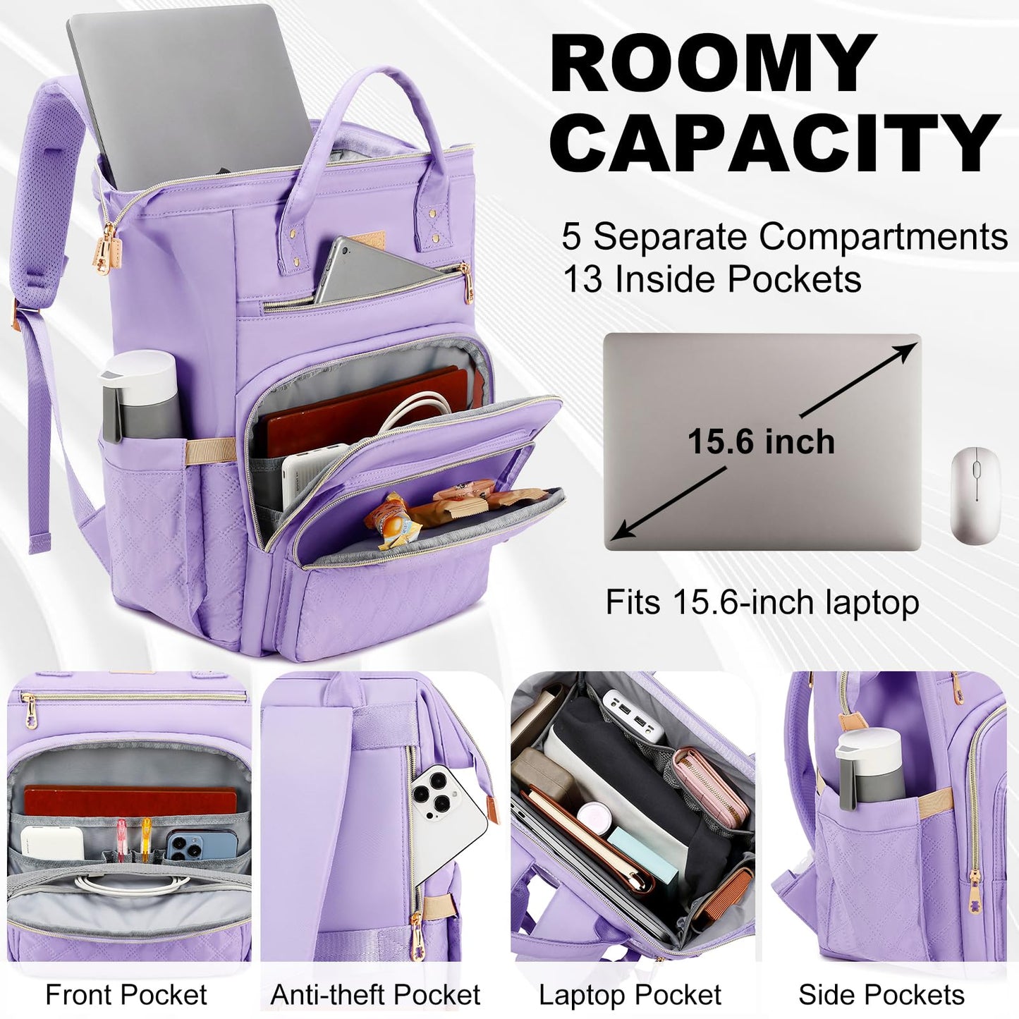 AIJIEKE Lunch Backpack for Women, 15.6 Inch Laptop Backpack with Detachable Insulated Cooler Lunch Box, 2-in-1 Water Resistant Work Computer Bag for Nurse Teacher College Commute, Purple