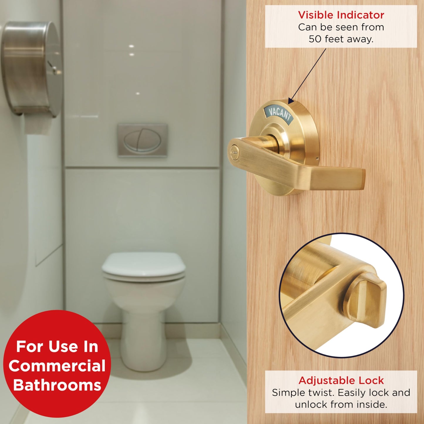 OAKMOORE Commercial Door Handle Bathroom Door Lock in Gold | Vacant Occupied Bathroom Lock | Commercial Restroom Door Lock for Public Bathroom & Industrial Buildings