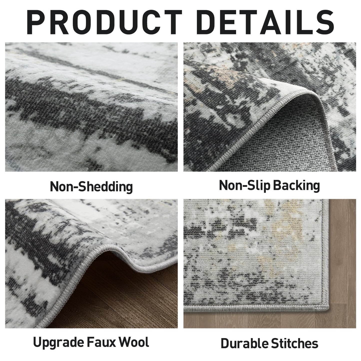 5x7 Area Rugs Washable Rug: Modern Abstract Living Room Rug Soft Anti-Skid Thin Carpet Indoor Floor Non-Shedding Carpets for Bedroom Dining Room Farmhouse Nursery Home Office Black Grey Gold