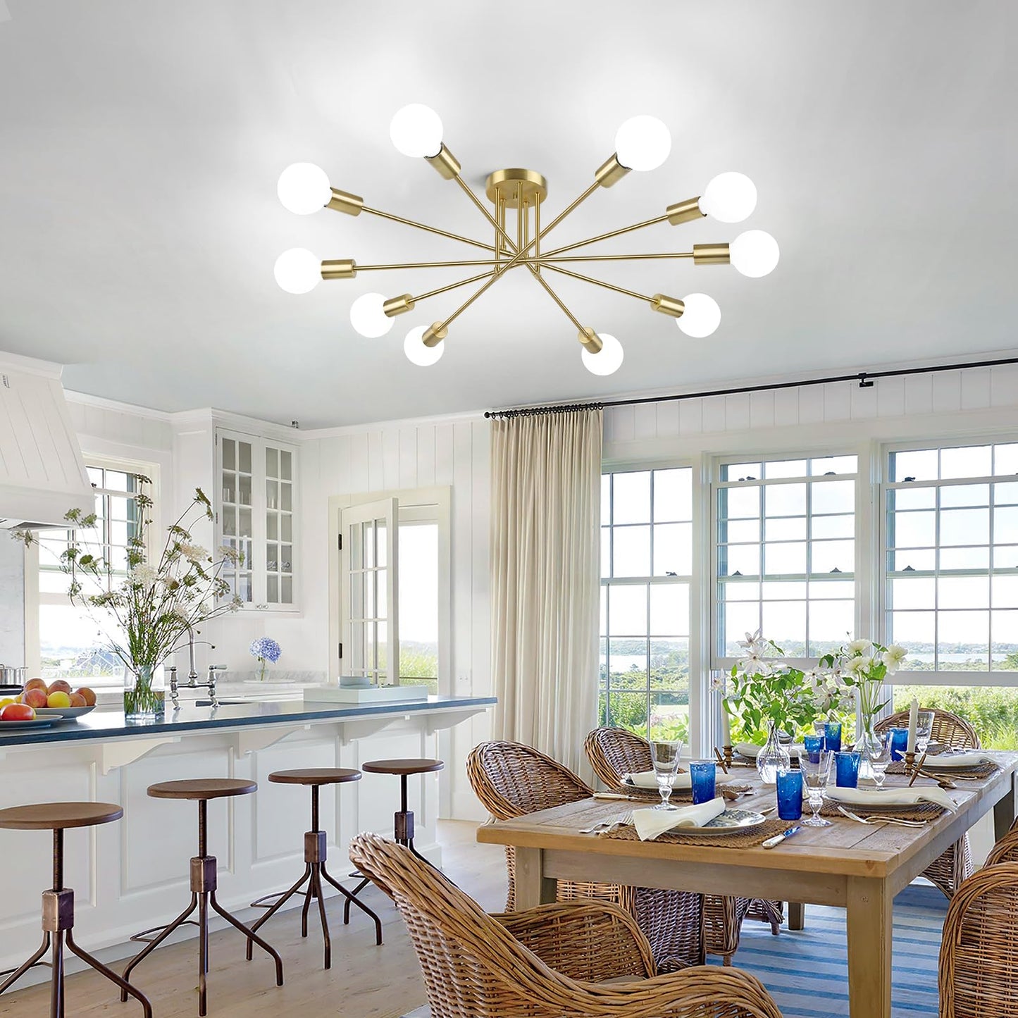 Semi Flush Mount Ceiling Light Fixture, 10-Light Modern Gold Sputnik Chandelier Industrial Ceiling Lamp for Kitchen Dining Room Living Room Bedroom Foyer