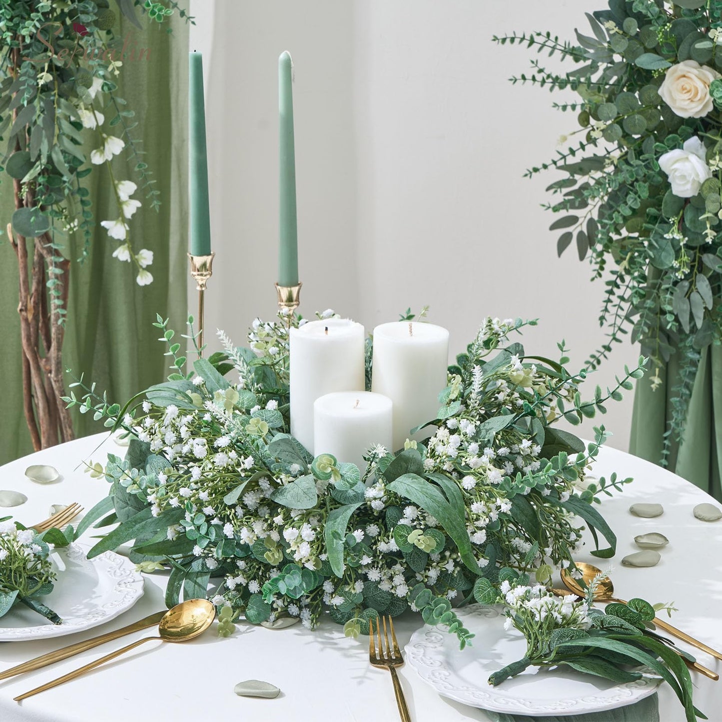 Serwalin 180 Pcs 7 Kinds Mixed Artificial Eucalyptus Greenery Stems Bulk, Baby Breath Flowers Artificial with Faux Leaves Picks for DIY Bouquets Wedding Floral Centerpieces Vase Table Home Decor