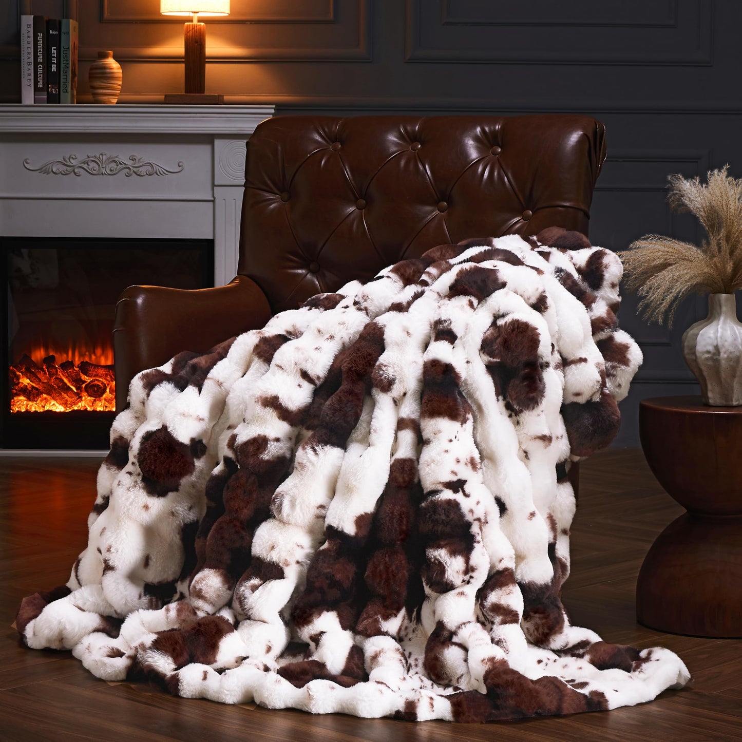PLUUSHUU Faux Fur Throw Blanket for Couch, Fluffy Fuzzy Plush Bubble Blanket, Soft Warm Cozy Shaggy Rabbit Blanket, Luxury Decorative Gifts for Sofa Bedroom Living Room, 60x80inch (Cow Print-Brown)