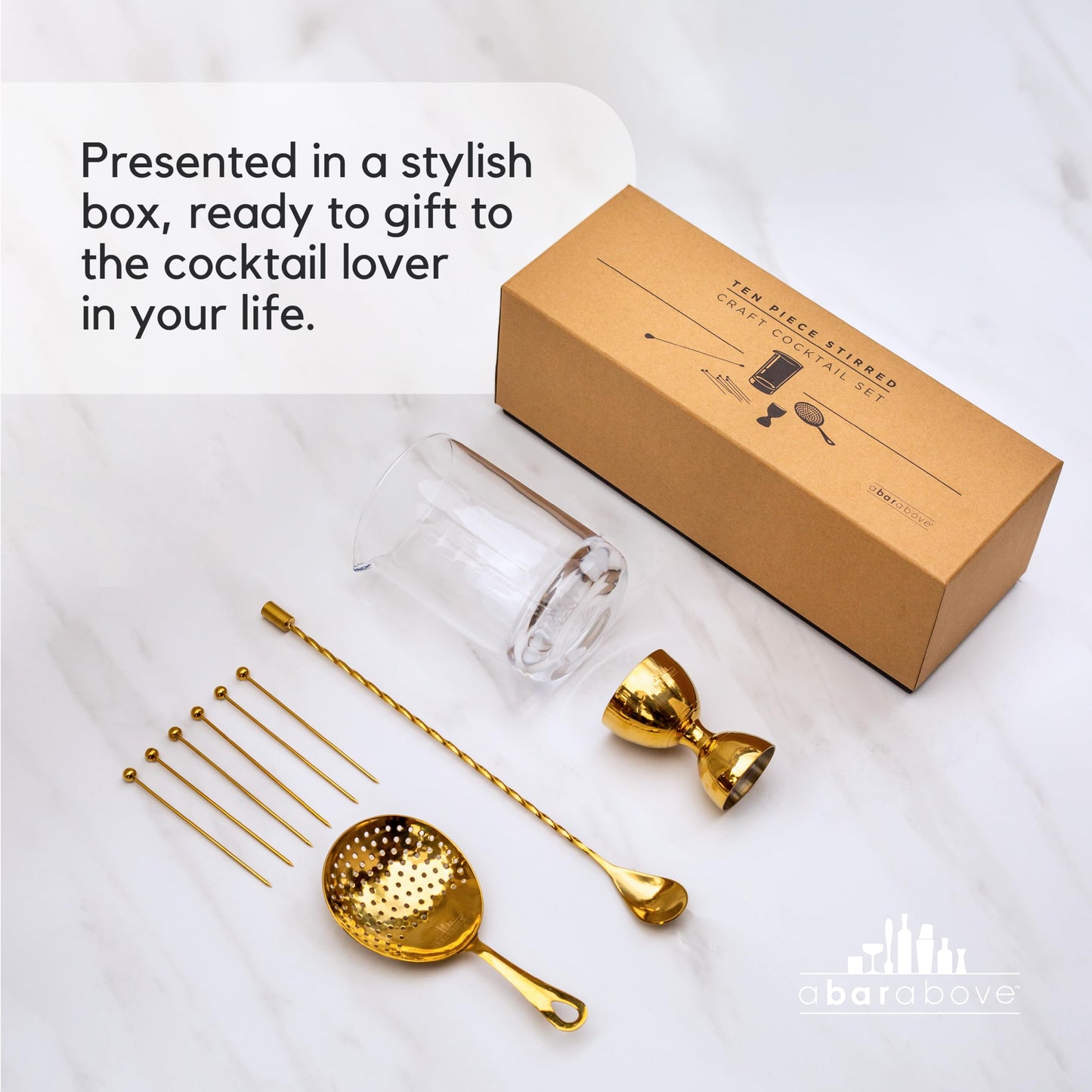 A Bar Above 10 Piece Cocktail Mixing Glass Set, Lead Free Cocktail Set with Mixing Glass, Bar Spoon, Julep Strainer, Bell Jigger and Picks, Bar Accessories, Ideal for Martinis, Whiskey and Negronis