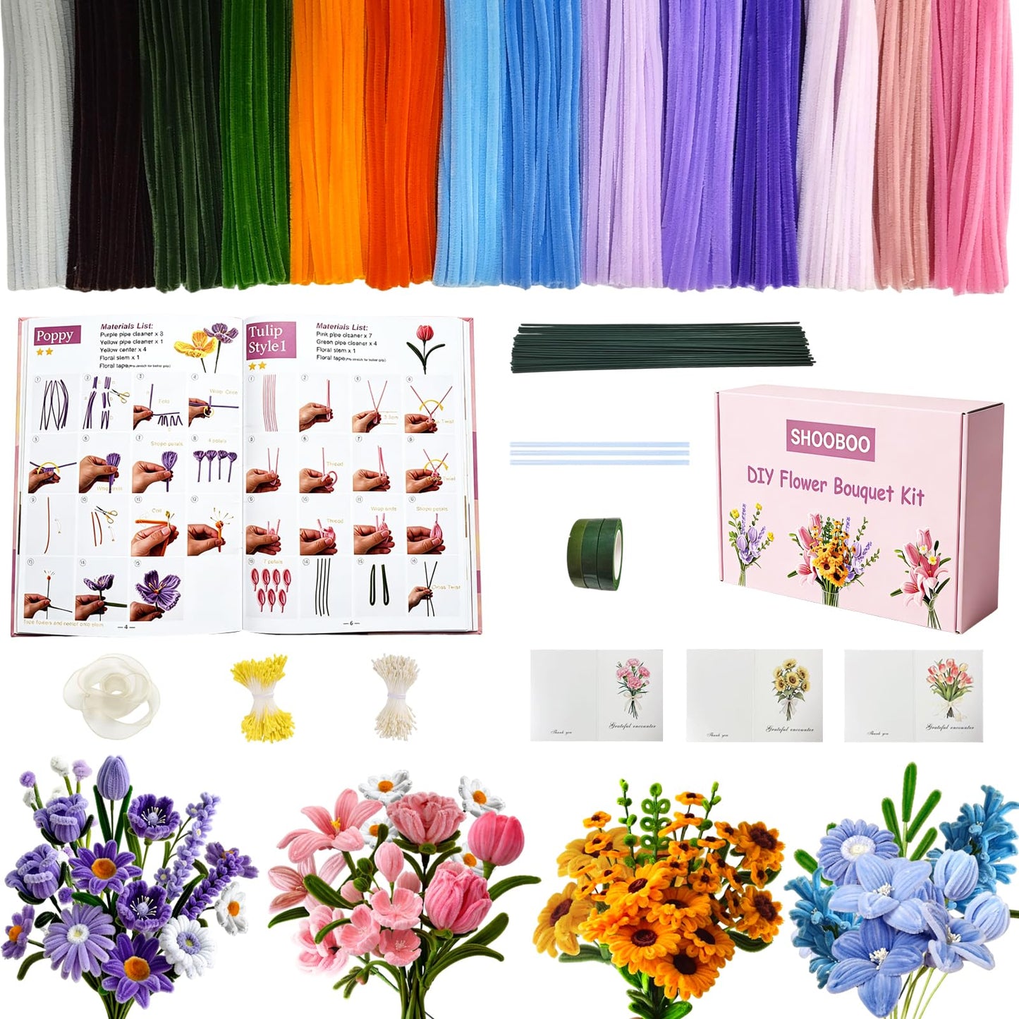 ShooBoo Pipe Cleaner Flower Kit, 700 PCS Pipe Cleaners Craft with 14 Flower Designs Step-by-Step Instruction Guide, 14 Colors Chenille Stems Flower Making Kit with Floral Stems,DIY Craft Supplies