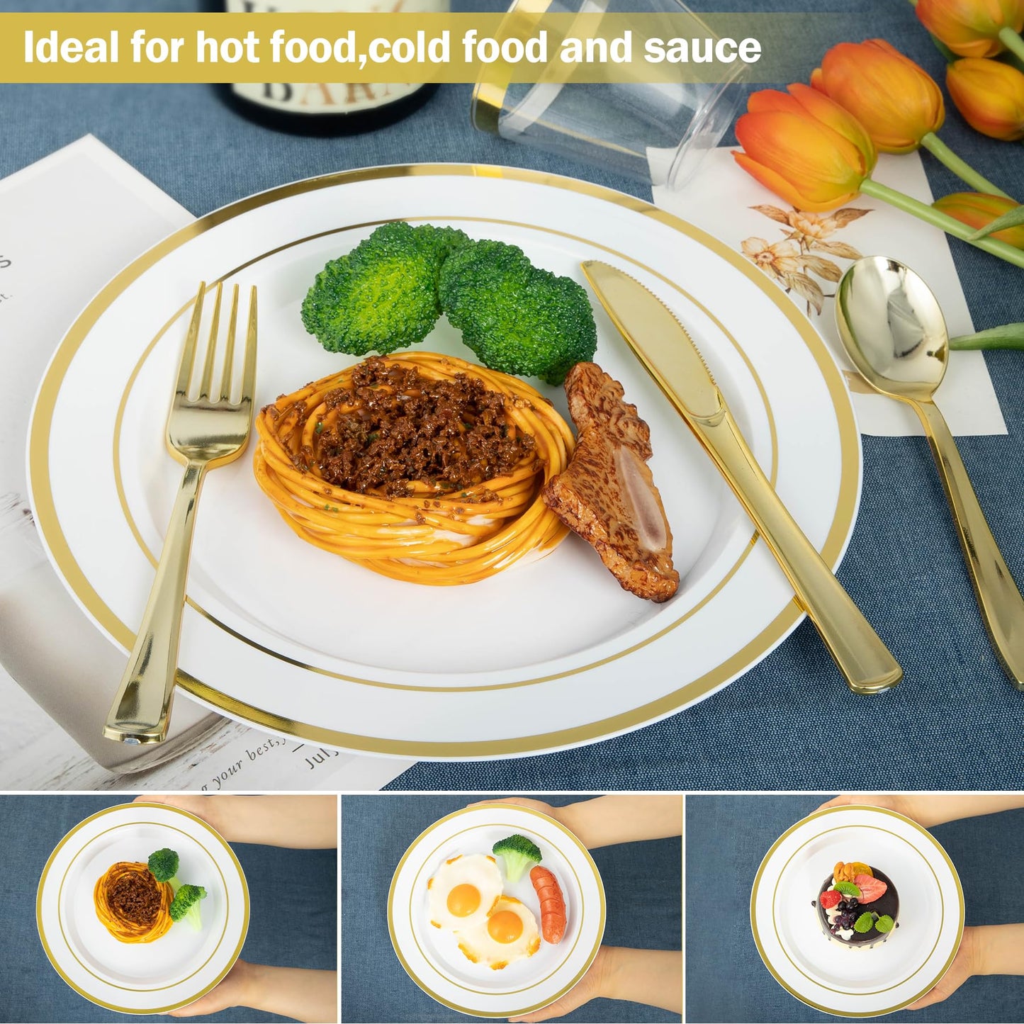 N9R 600PCS Disposable Plastic Plates, Gold Plastic Dinnerware Set Includes 100 Dinner Plates, Dessert Plate, Cups, Spoons, Forks, Knives for 100 Guests, Perfect for Party, Wedding, Birthday