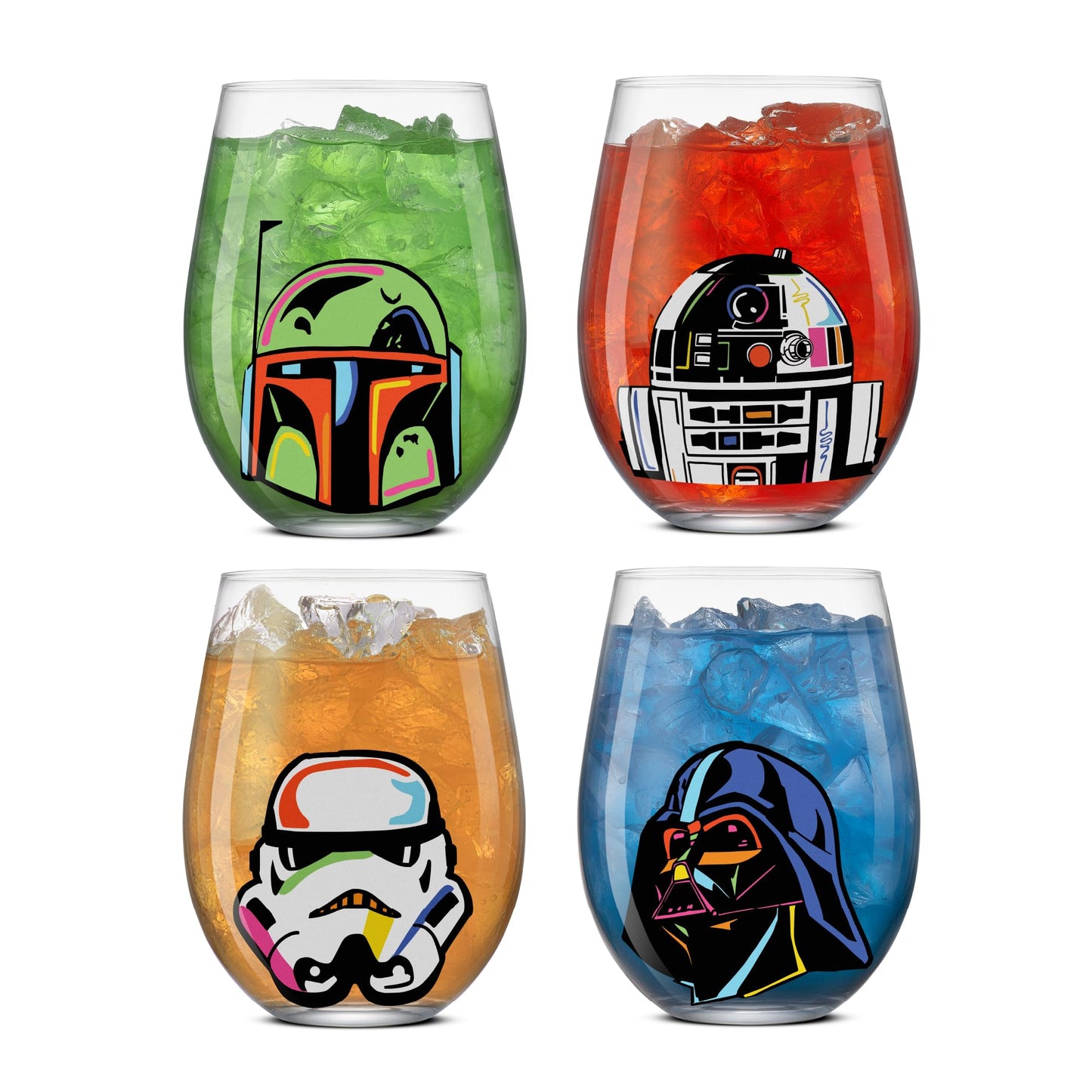 JoyJolt Star Wars Cosmic Color Stemless Drinking Glasses, 19oz Glass Cups ft Darth Vader, Stormtrooper, Boba Fett, R2-D2 - Star Wars Kitchen Glasses Set of 4, Gifts for Men, Women & Adults