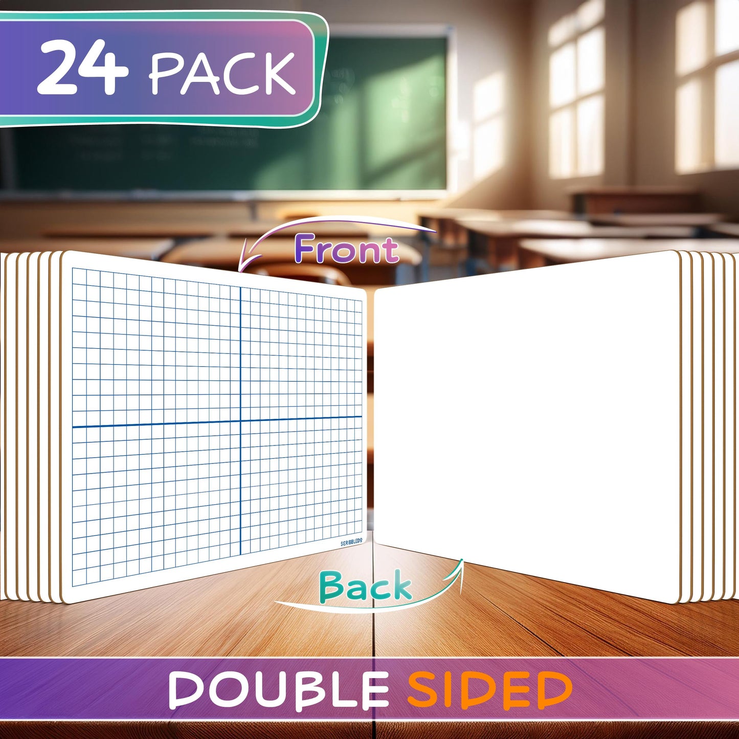 Scribbledo 24 Pack Dry Erase XY Axis Graph Lap Board 9" X 12" for Student and Classroom Use, Math White Board - Double Sided With 24 Erasers Included