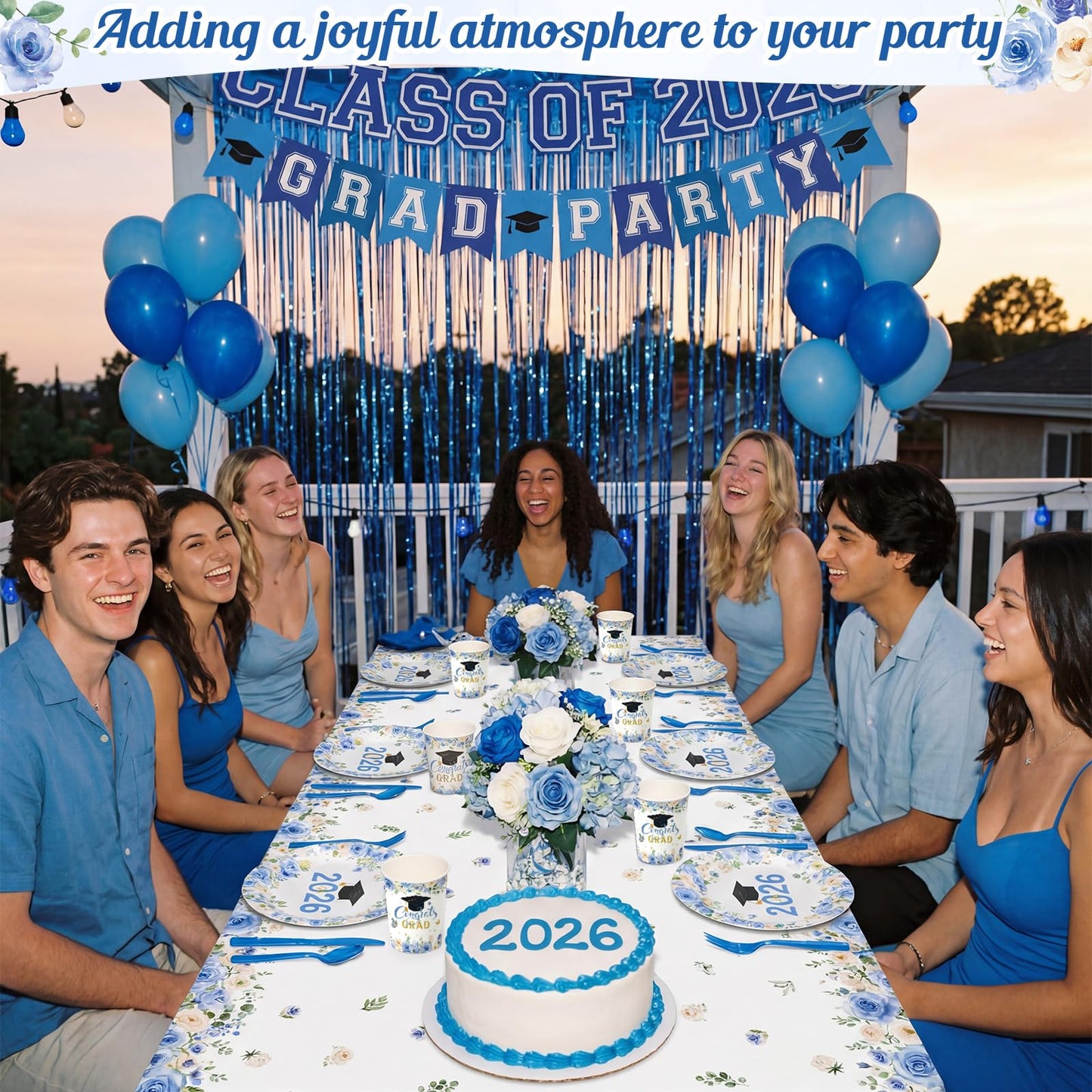 Funnymoom 452 Pcs Light Blue Floral Graduation Decoration for 50 Guests, Class of 2026 Blue Gold Graduation Paper Plates Napkins Cups Tablecloth Cutlery Straws for 2026 Congrats Grad Party Supplies