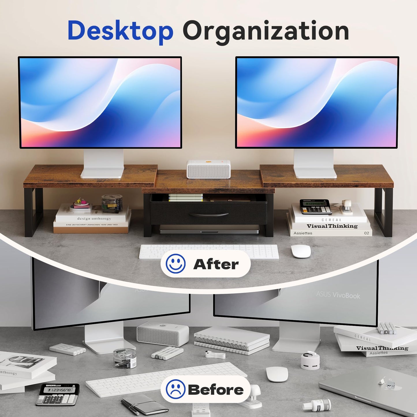 HEWORLIF Desk Organizers and Accessories, Dual Monitor Stand Riser with Drawer, Computer Monitor Stand, Adjustable Desk Shelf for PC Laptop Printer TV, Brown
