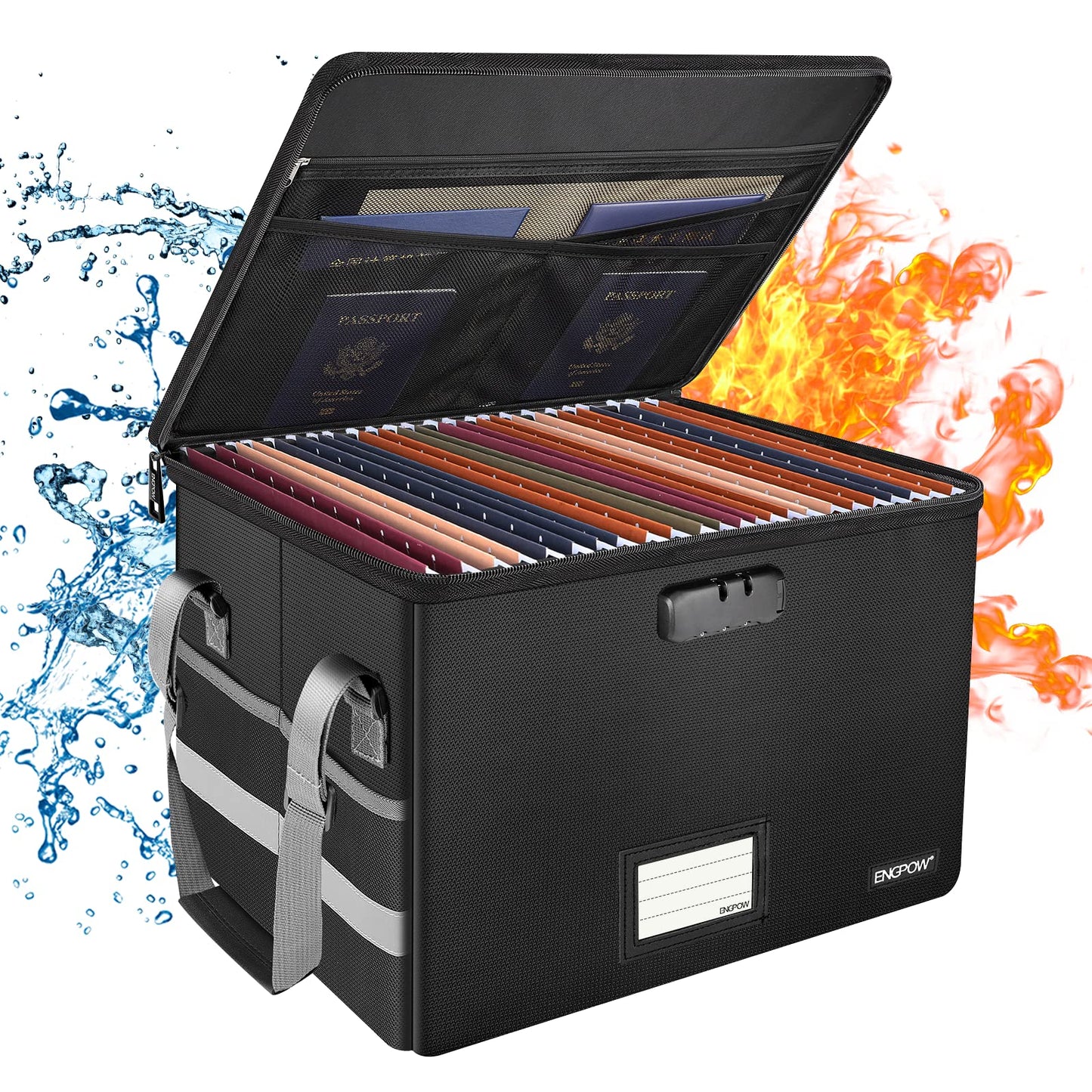 ENGPOW File Box with Lock,Fireproof Document Box with Zipper＆Pockets,Collapsible File Organizer Filing Storage Cabinet with Handle,Portable Home Office Safe for Hanging Letter/Legal Folder,Black