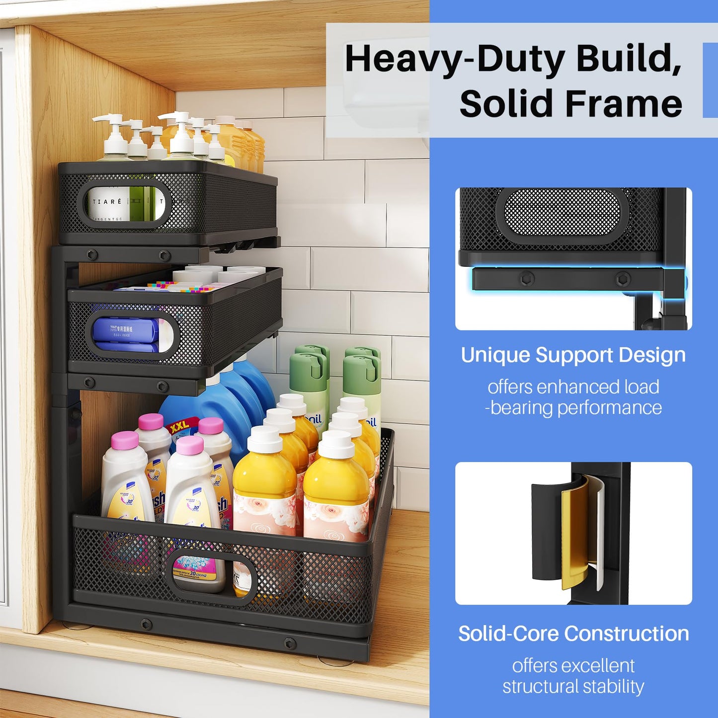 Under Sink Organizer, 2-Pack 3-Tier Thickened Metal Pull out Cabinet Organizer Shelf, Height Adjustable Slide out Storage Drawer Rack for Kitchen Bathroom Pantry Laundry Home Office Organization