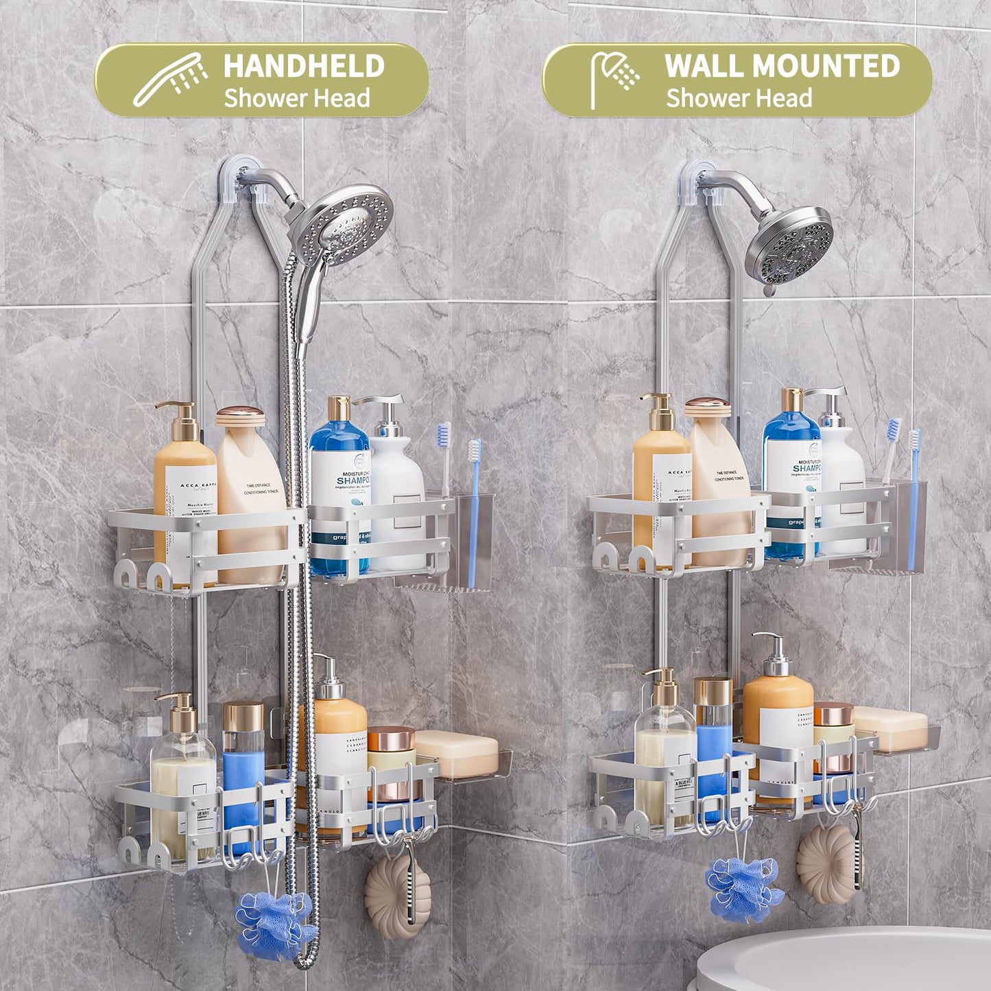 GAOKASE Aluminum Shower Caddy Hanging, Never Rust Shower Organizer- 4 Levels with adjustable Height 10 Hooks for Razor/Sponge - Rack with Soap Basket (Silver)