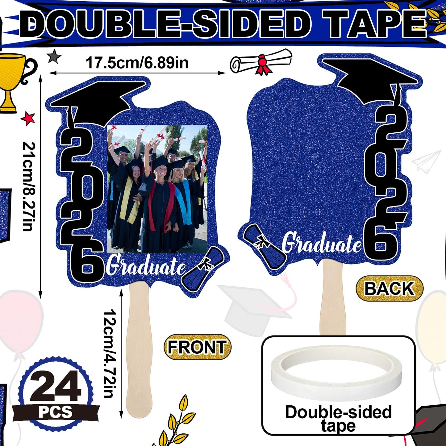 Gilprop 24 Pcs Graduation Cutout Face Fans with Handle Double Sided Personalized Grad Party Supplies Class of 2026 Grad Photo Props Blank DIY Photo Frame Graduation Party Souvenirs
