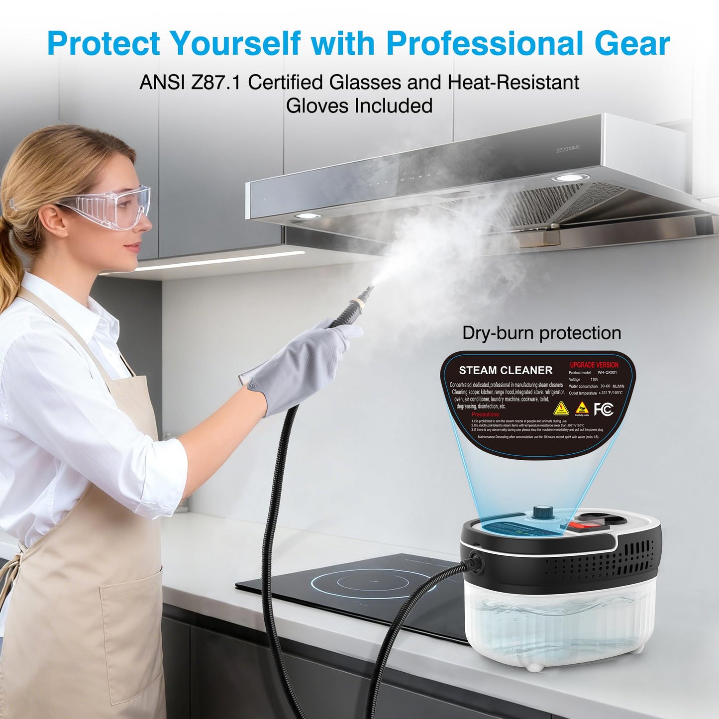 Steam Cleaner for Home & Car Detailing, 2500W High Pressure Portable Steamer with 6-Level Adjustable Steam, 15s Heat-Up, 9.8ft Long Hose, ANSI Z87.1 Goggles, 17-Pcs Kit for Tile, Grout, Hardwood