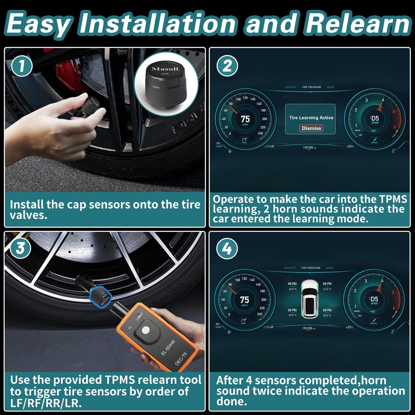 Masoll TPMS Sensor for GM Chevy Chevrolet Silverado Buick Cadillac GMC, Gen 2 TPMS Sensors Set of 4 with 1 TPMS relearn Tool, External Tire Pressure Sensor, Easy to Install