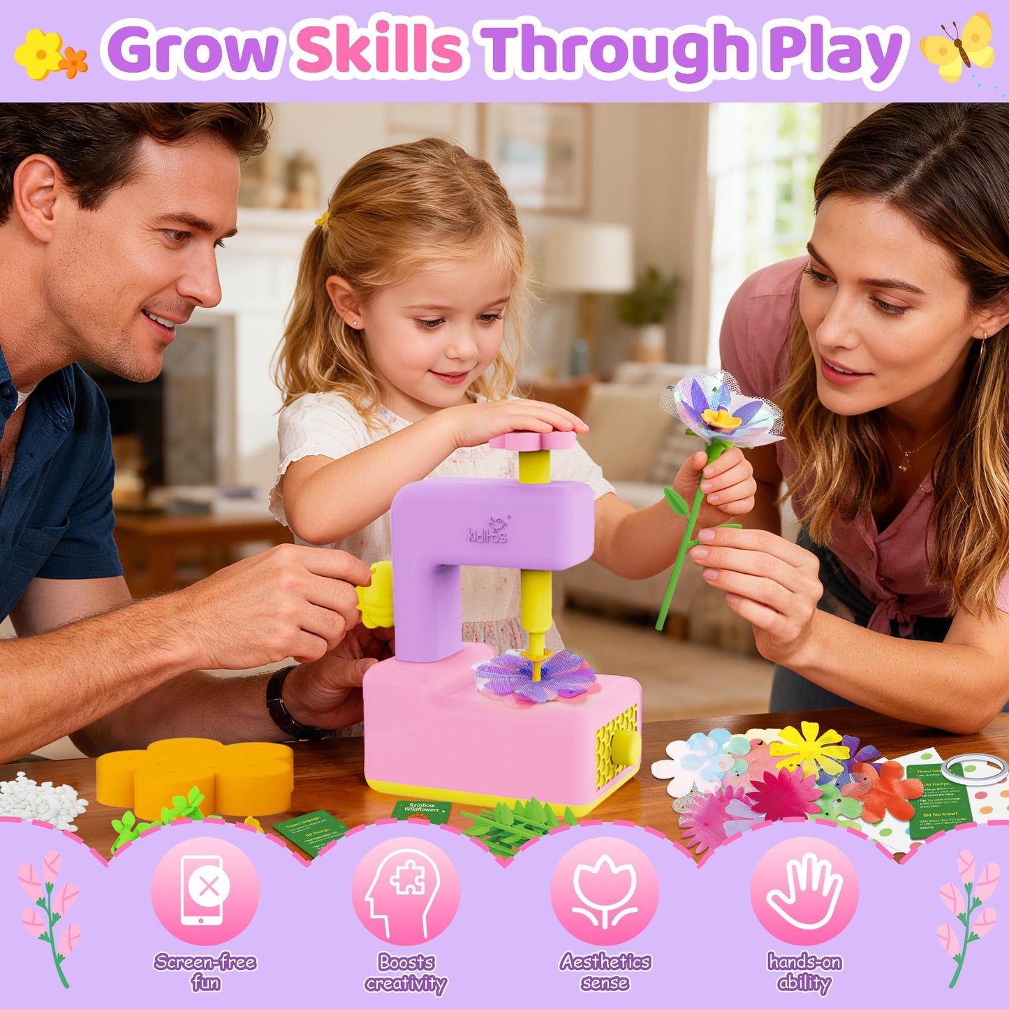 Kiditos Flower Maker Toy for Kids, DIY Flower Bouquet Craft Kit, Build Your Own Flower Bouquet, Flower Craft Kit for Girls, Arts and Crafts Gift for Girls Age 3+