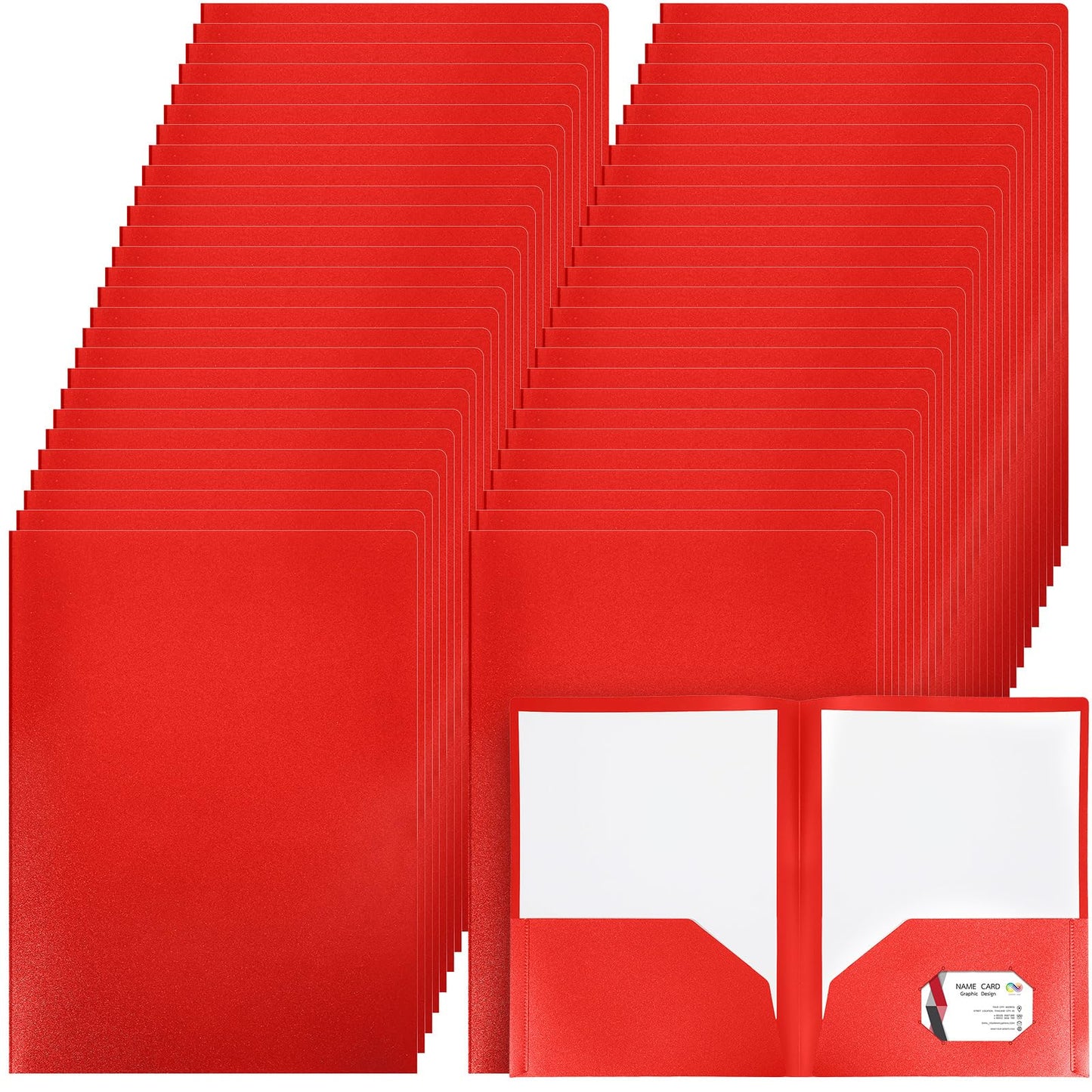 Patelai 50 Pack Pocket Folders Bulk 2 Pocket Heavy Duty Plastic Folders with Pockets Letter Size Folders Business Card Holder for School Office File (Red Color)