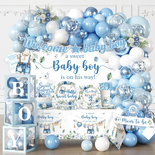 cocomigo 260PCS Baby Boy Baby Shower Decorations All-in-One Set with Baby Boy Balloon Arch, Tableware, Advice Cards, Cake Topper, Balloon Box, Backdrop, Sash, Corsage, Etc. Serves 20