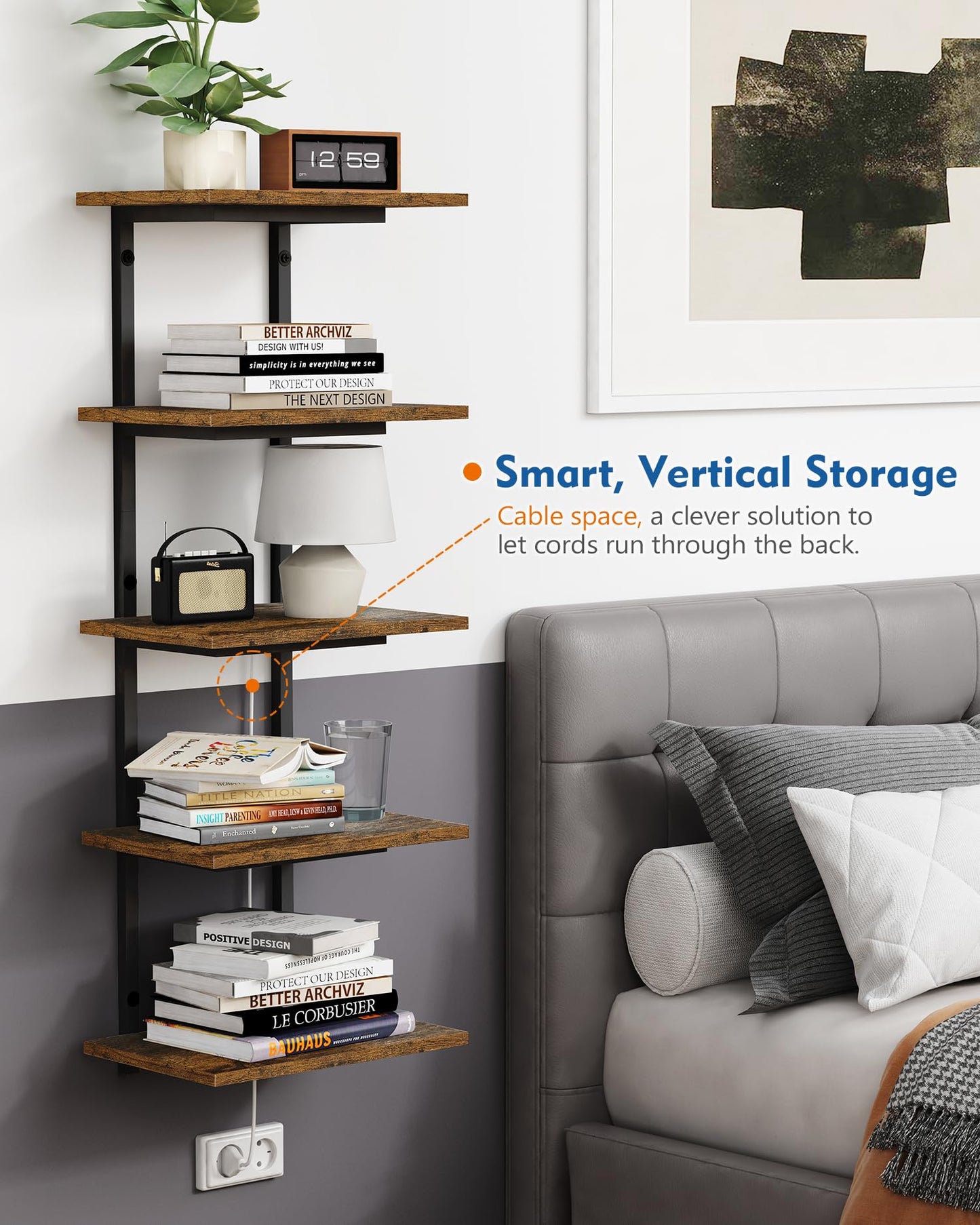 Harwaya 5 Tier Wall Bookshelf Unit for Bedroom Books, Large Floating Book Shelves Wall Mounted, Rustic Wood Lack Tiered Hanging Shelf for Kitchen Office Living Room Corner (Dark Brown)