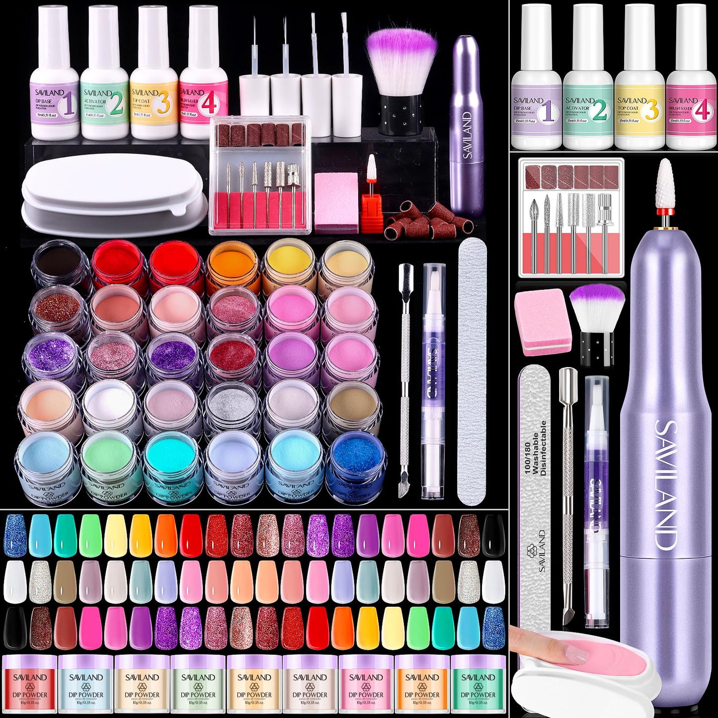 SAVILAND Dip Powder Nail Kit with Drill: Starter Set 30 Colors Summer Spring Keratin Dip Nails Powder with Dipping Powder Liquid Set Activator Base Top Coat Cuticle Oil for DIY Manicure Nail Art