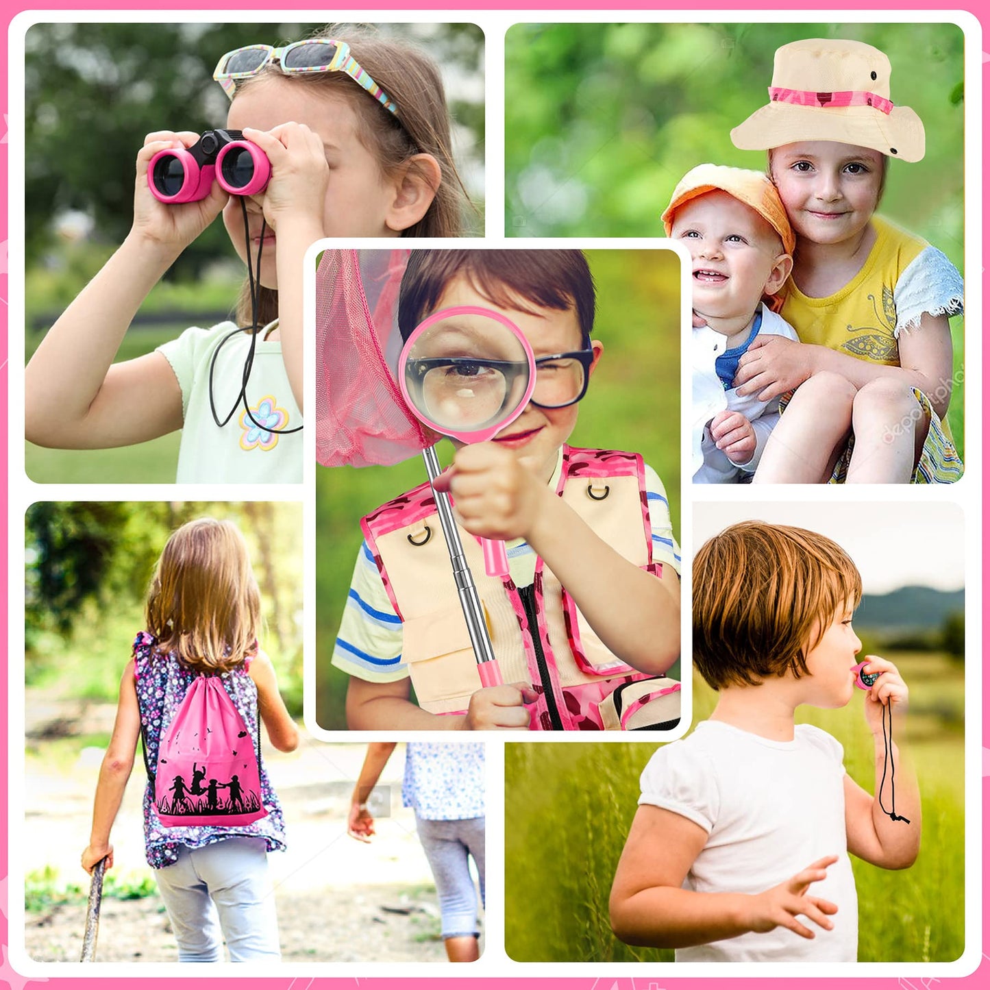 INNOCHEER Kids Explorer Kit - Bug Catcher Kit & Safari Costume for Boys Girls, Outdoor Exploration Set with Butterfly Net Binoculars for Kids 3-12 Years Old (Camouflage Pink)