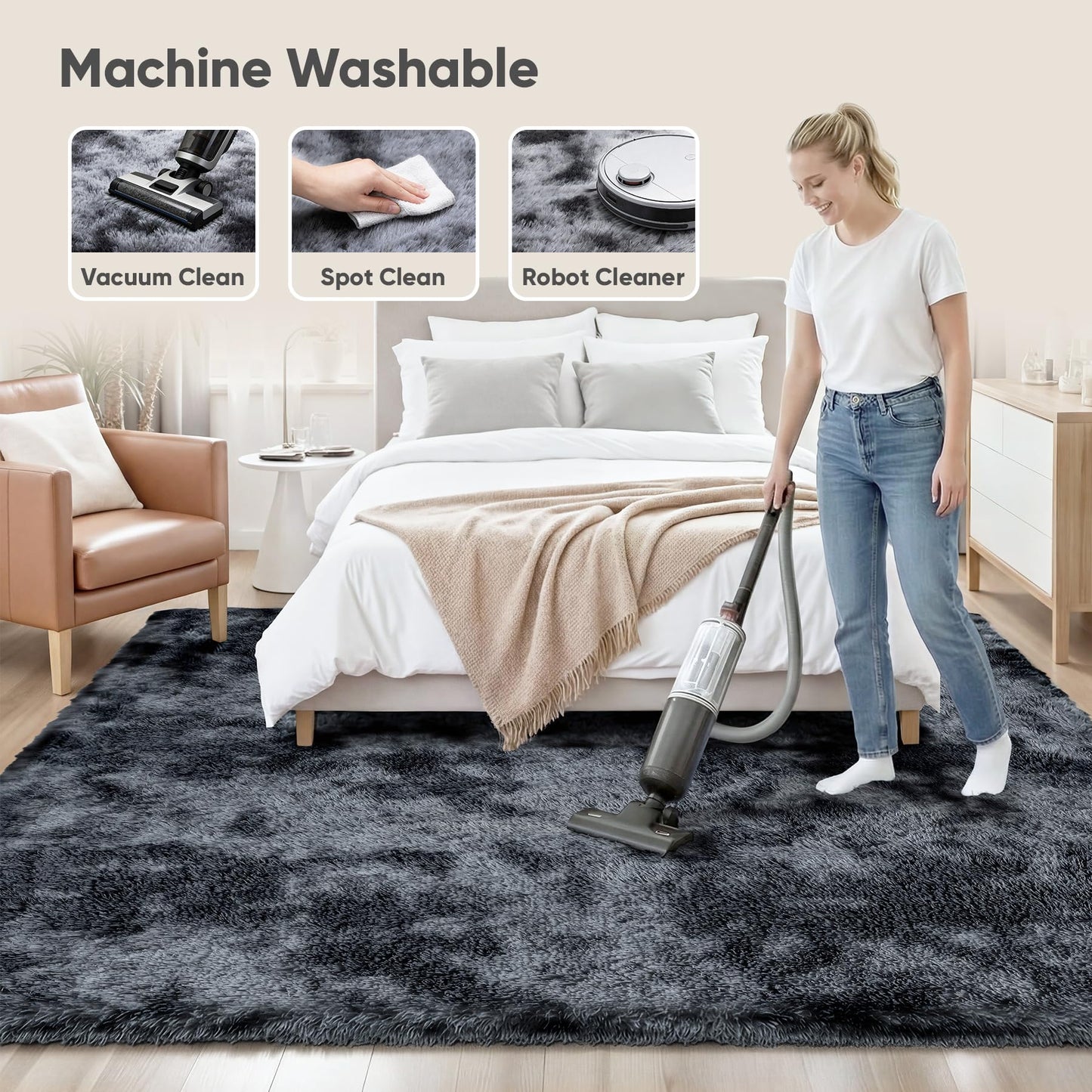 8x10 Area Rugs for Living Room Bedroom: Black Grey Soft Fluffy Shag Upgrade Non-Slip High Pile Carpet Large Fuzzy Plush Indoor Floor Decor Shaggy Rug for Kid Boys Girls Playroom Nursery Modern Home