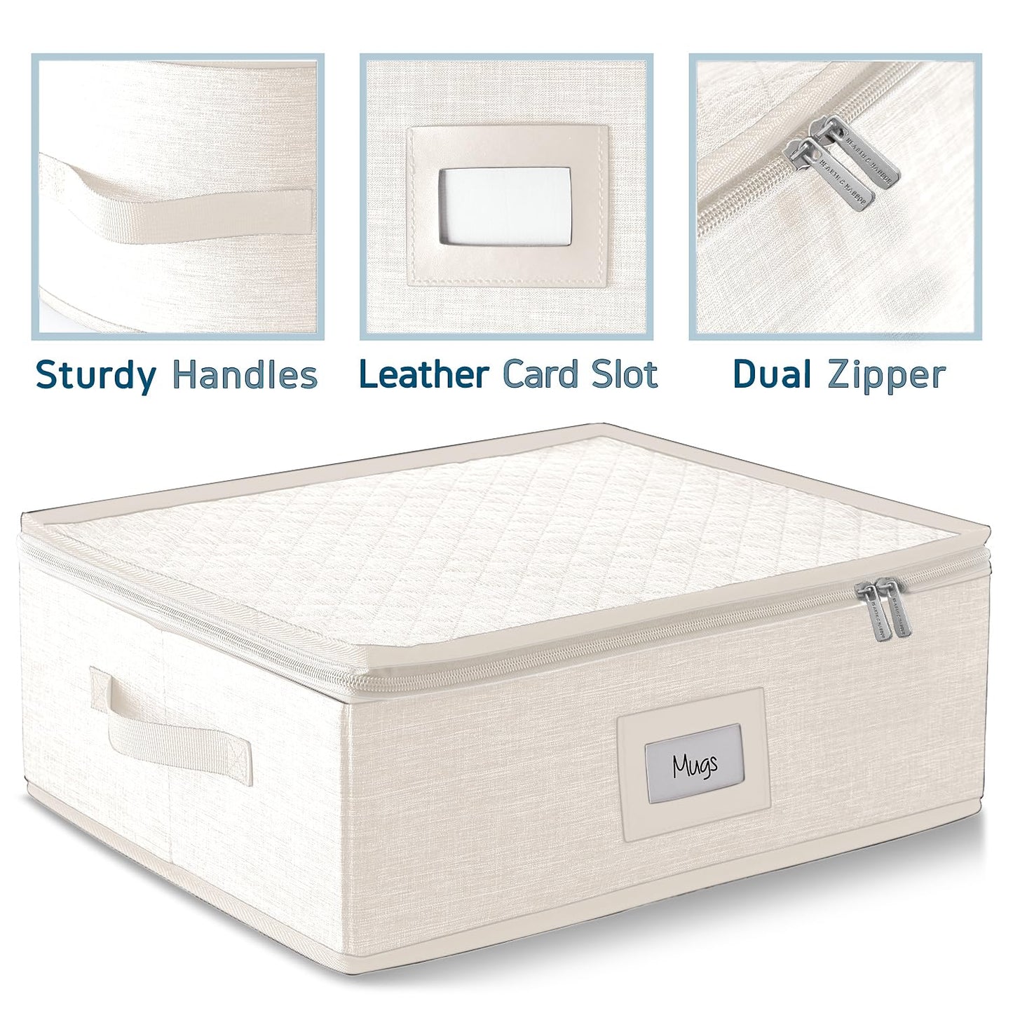 Fine China Storage Containers, 5 Piece Quilted Dish Storage Containers, Mug, Cup, and Plate Dish Organizer with Felt Dividers, Service of 12 Dinnerware Boxes for Moving, Seasonal Organization, Cream