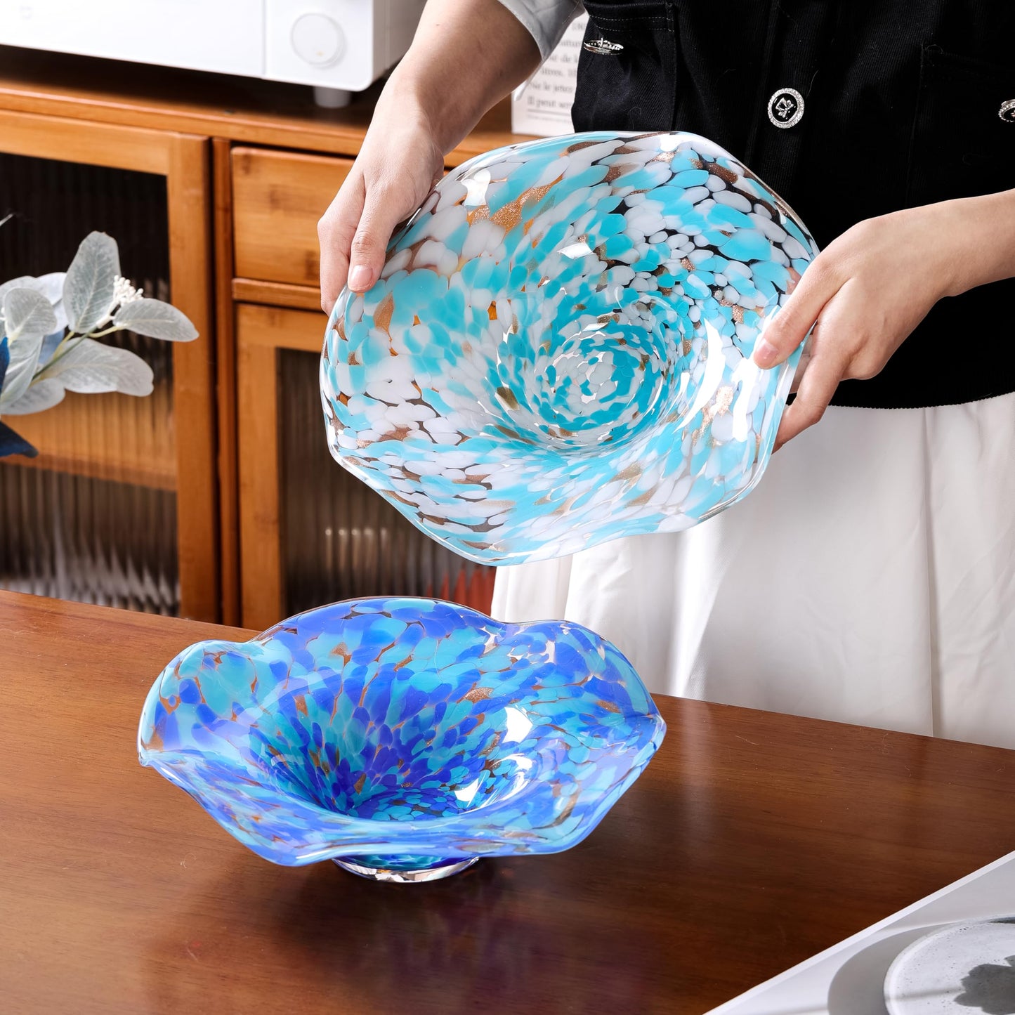 ORRFIDDY Hand Blown Murano-style Art Glass Bowl, 10.2-Inch Large Decorative Centerpiece for Table, Cobalt Blue Fruit Display & Kitchen Counter Decor