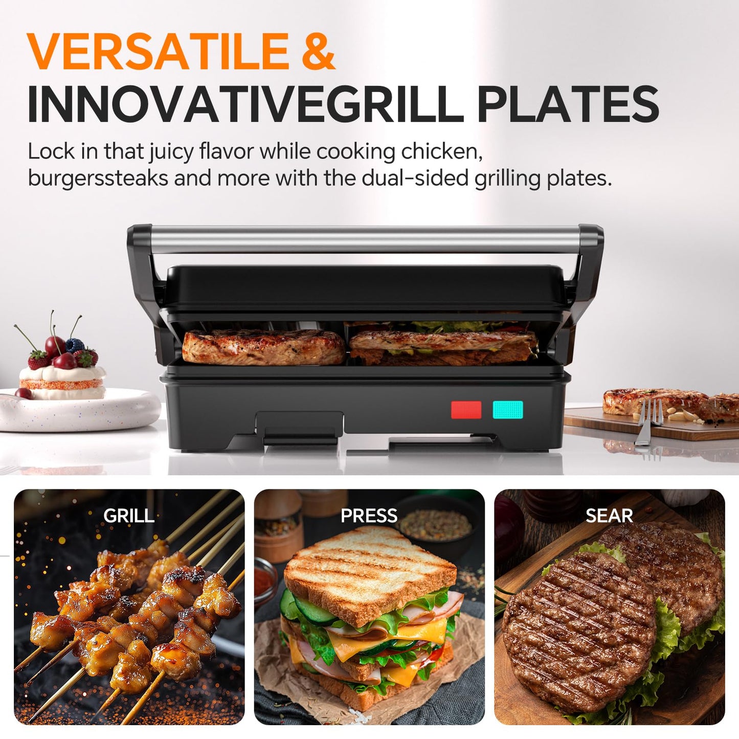 Panini Press Grill, 1000W Sandwich Maker with Non-Stick Coated Plates, Opens 180 Degrees for Any Size of Food, 3-in-1 Sandwich Press Electric Grill, Stainless Steel Surface and Removable Drip Tray