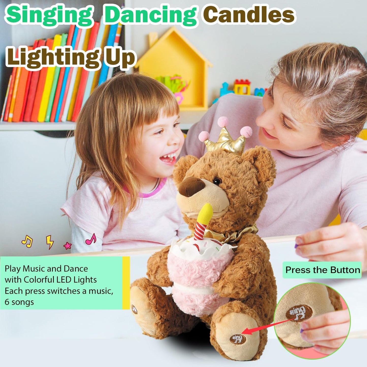 Musical Birthday Teddy Bear, Singing Dancing Talking Plush Bear Repeating What You Say Mimicking Recording Toy English Song Glowing Candle with Cupcake Stuffed Animal Gift for Boy Girl Kid