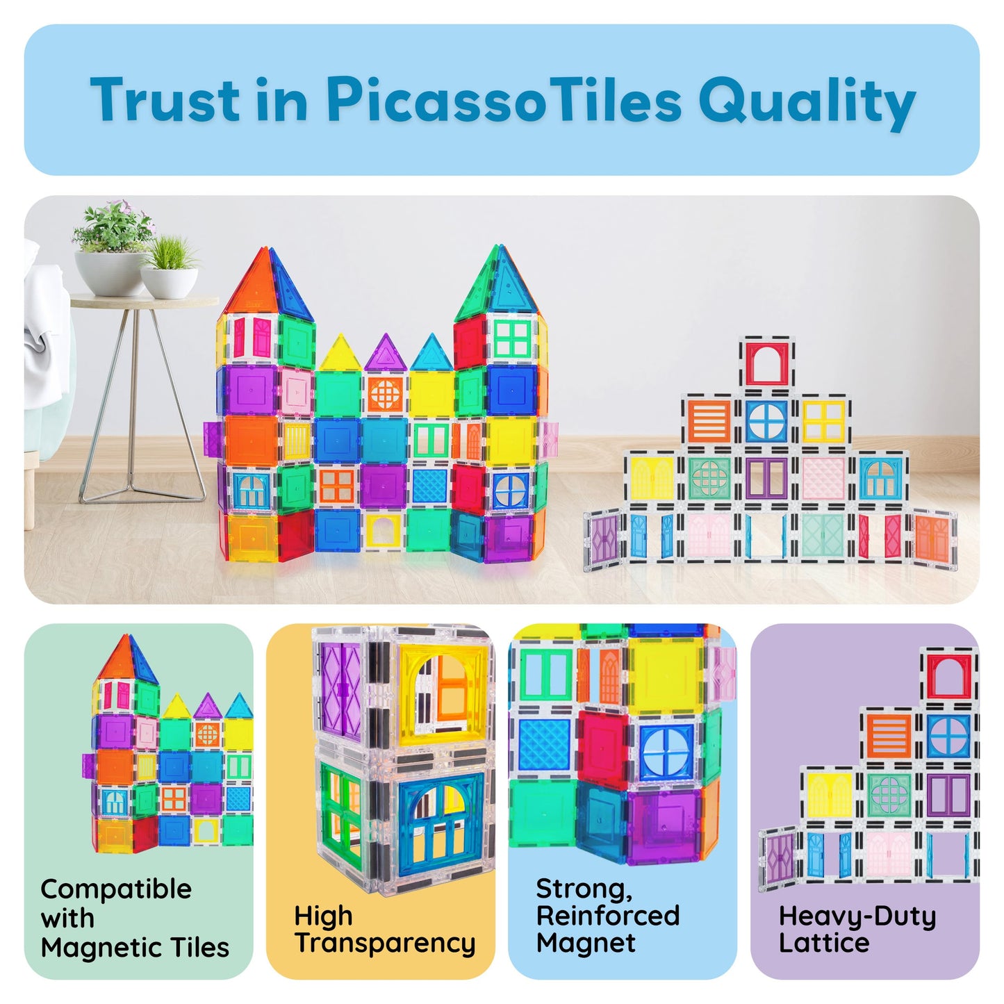PicassoTiles Magnetic Tiles Toddler Toys Magnetic Building Blocks for Kids 61 Piece STEM Educational Toys for Girls & Boys Ages 3-12 Play for Preschool Learning Stocking Stuffer