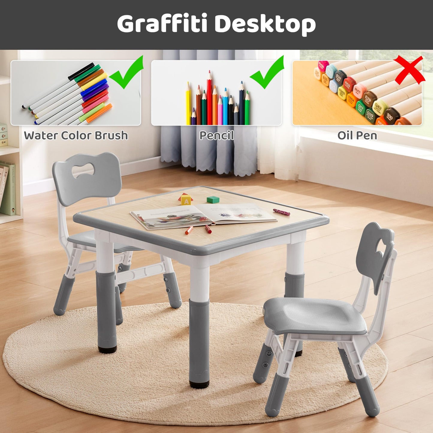 CuFun Kids Table & Chairs Set (2 Chairs) Height Adjustable for Ages 2-8 | Non-Slip Toddler Activity Table with Wipe-Clean Desktop, Montessori Learning & Art Drawing Tables for Home Preschool