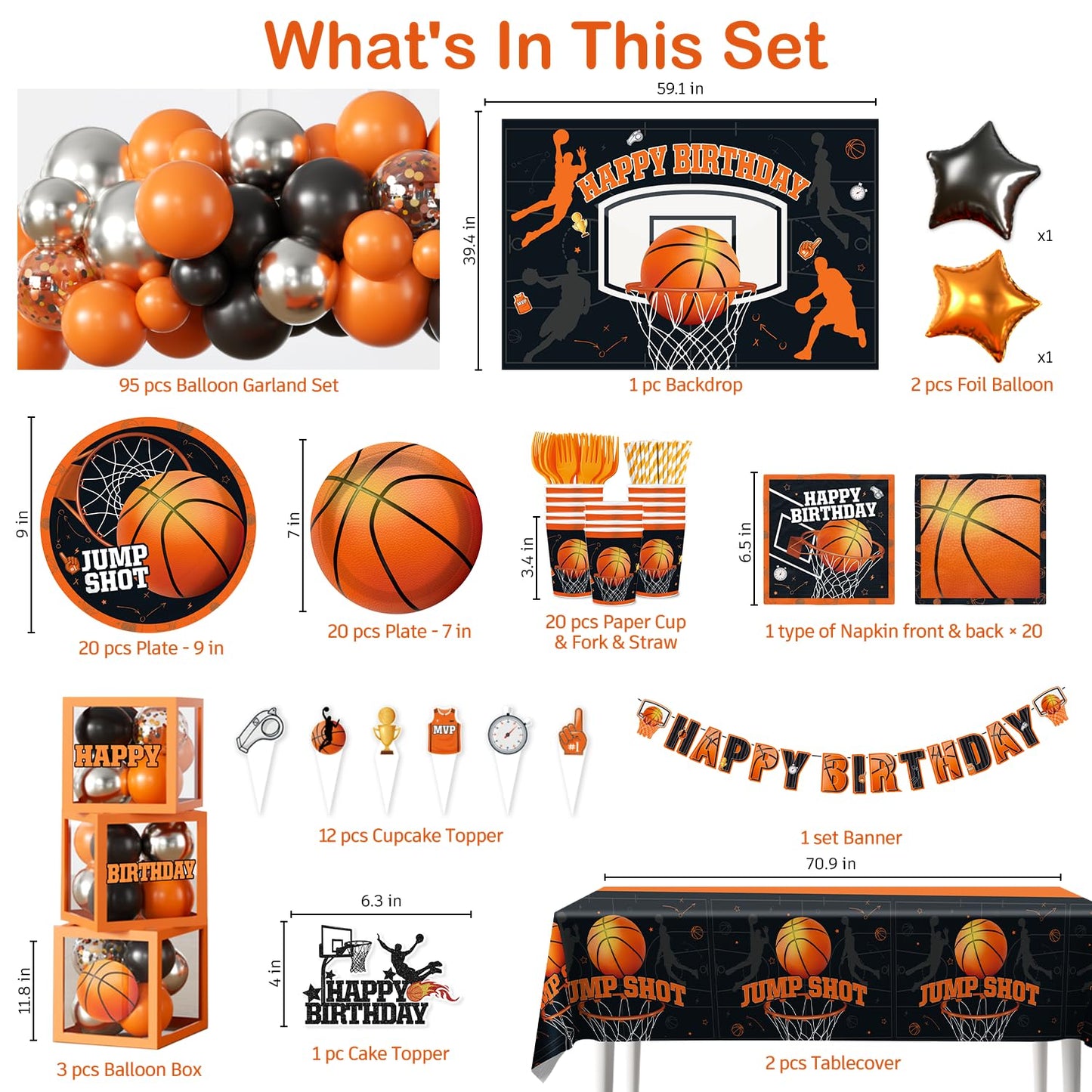 Fexivo 241pcs Basketball Party Decorations, All-in-one Party Set with 20 Serves Disposable Plates, Banner, 2 Tablecloths, Backdrop for Basketball Birthday Party Decorations