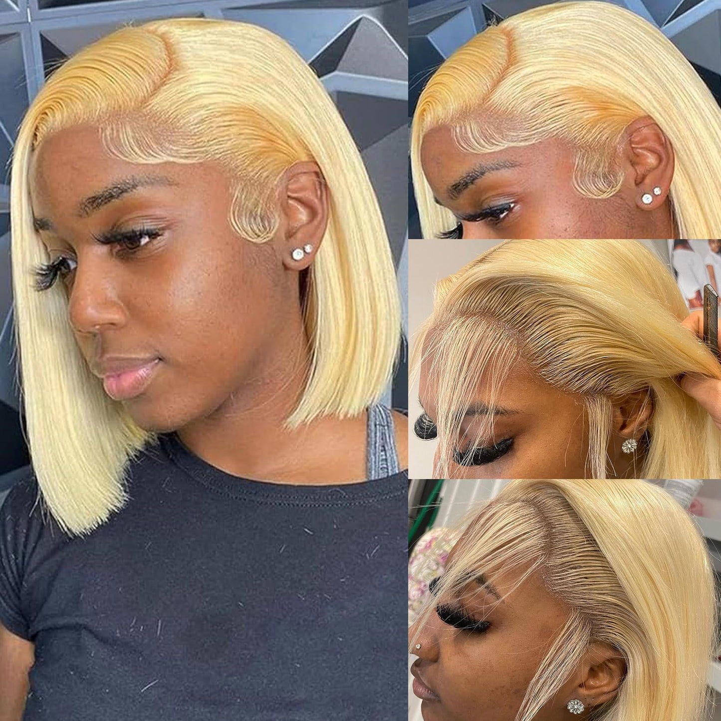 Honey Blonde 613 Lace Bob Wig Human Hair 180% Density 13x4 Transparent Lace Frontal Human Hair Wigs For Women Pre Plucked With Baby Hair 10A Brazilian Remy Human Hair Glueless Lace Bob Wigs - 10 Inch